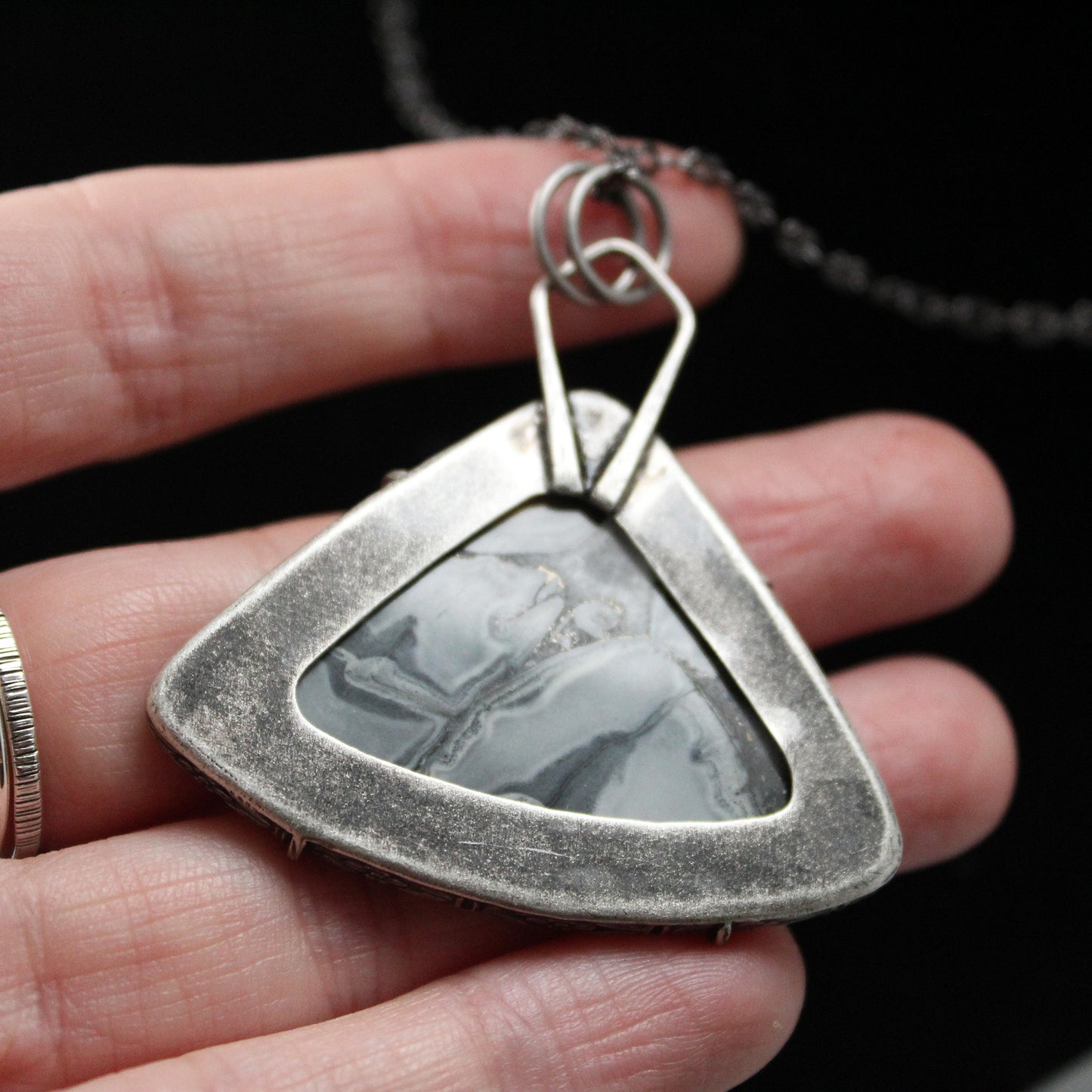Maligano Jasper Triangle Sterling Silver Designer Cut Pronged Pendant with Patina