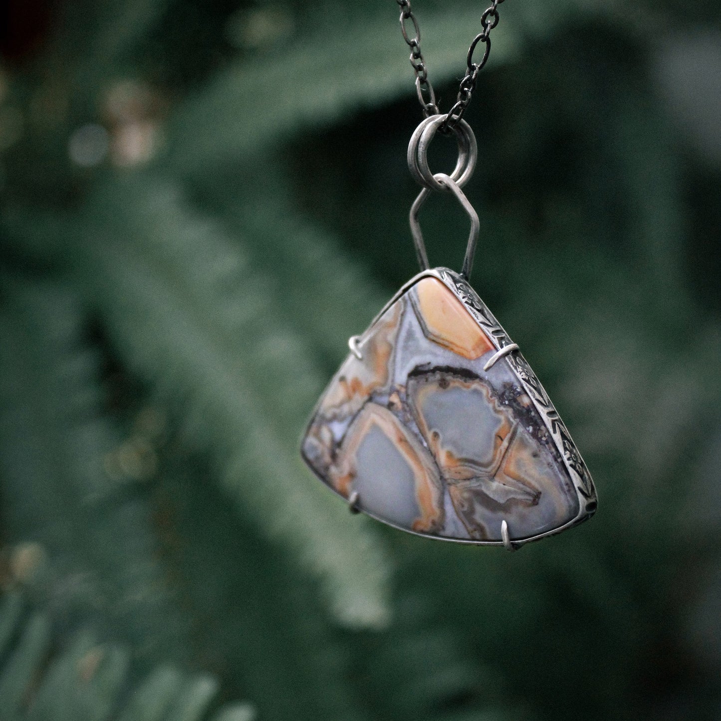 Maligano Jasper Triangle Sterling Silver Designer Cut Pronged Pendant with Patina