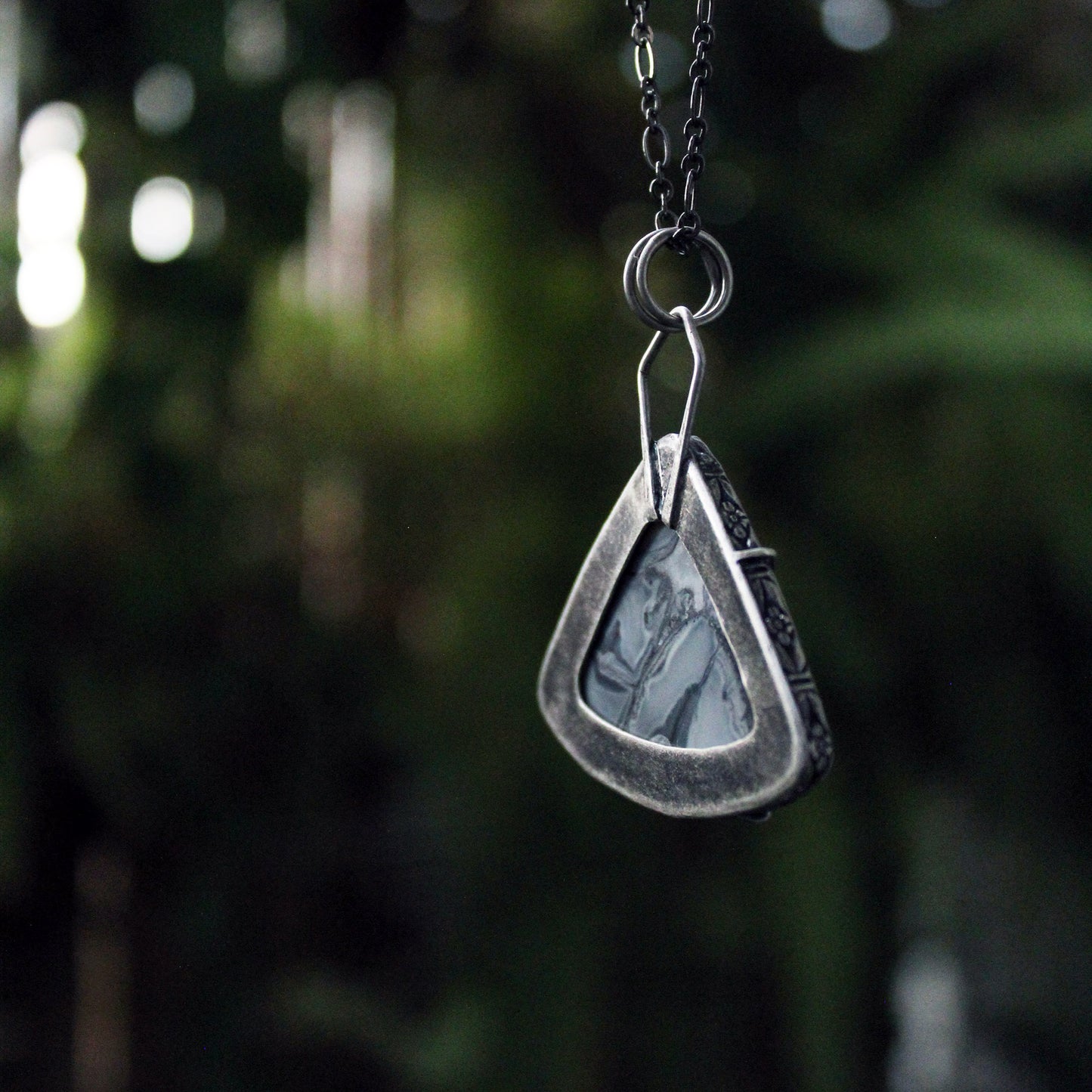 Maligano Jasper Triangle Sterling Silver Designer Cut Pronged Pendant with Patina