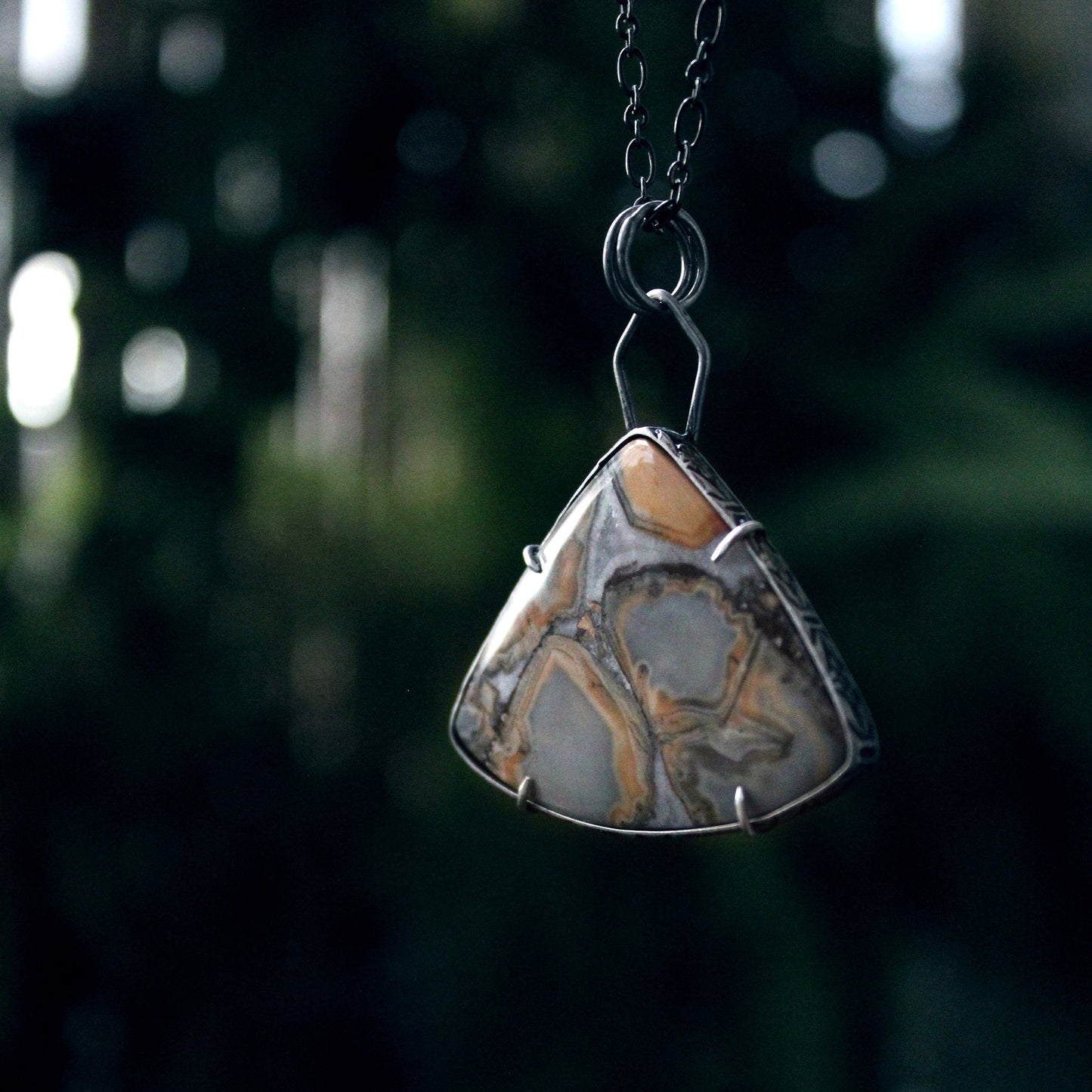 Maligano Jasper Triangle Sterling Silver Designer Cut Pronged Pendant with Patina