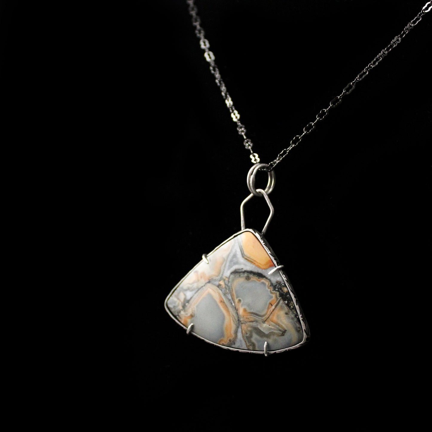 Maligano Jasper Triangle Sterling Silver Designer Cut Pronged Pendant with Patina