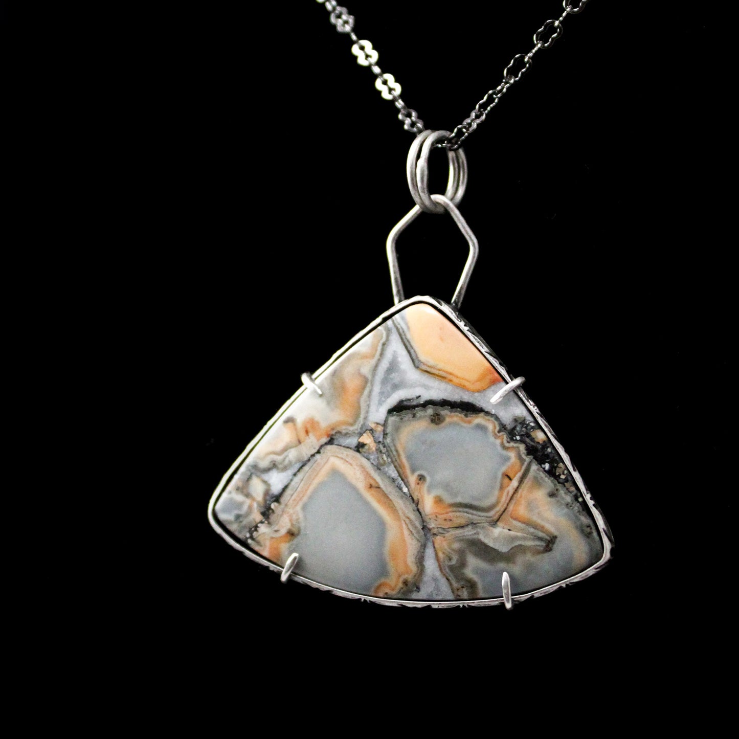 Maligano Jasper Triangle Sterling Silver Designer Cut Pronged Pendant with Patina