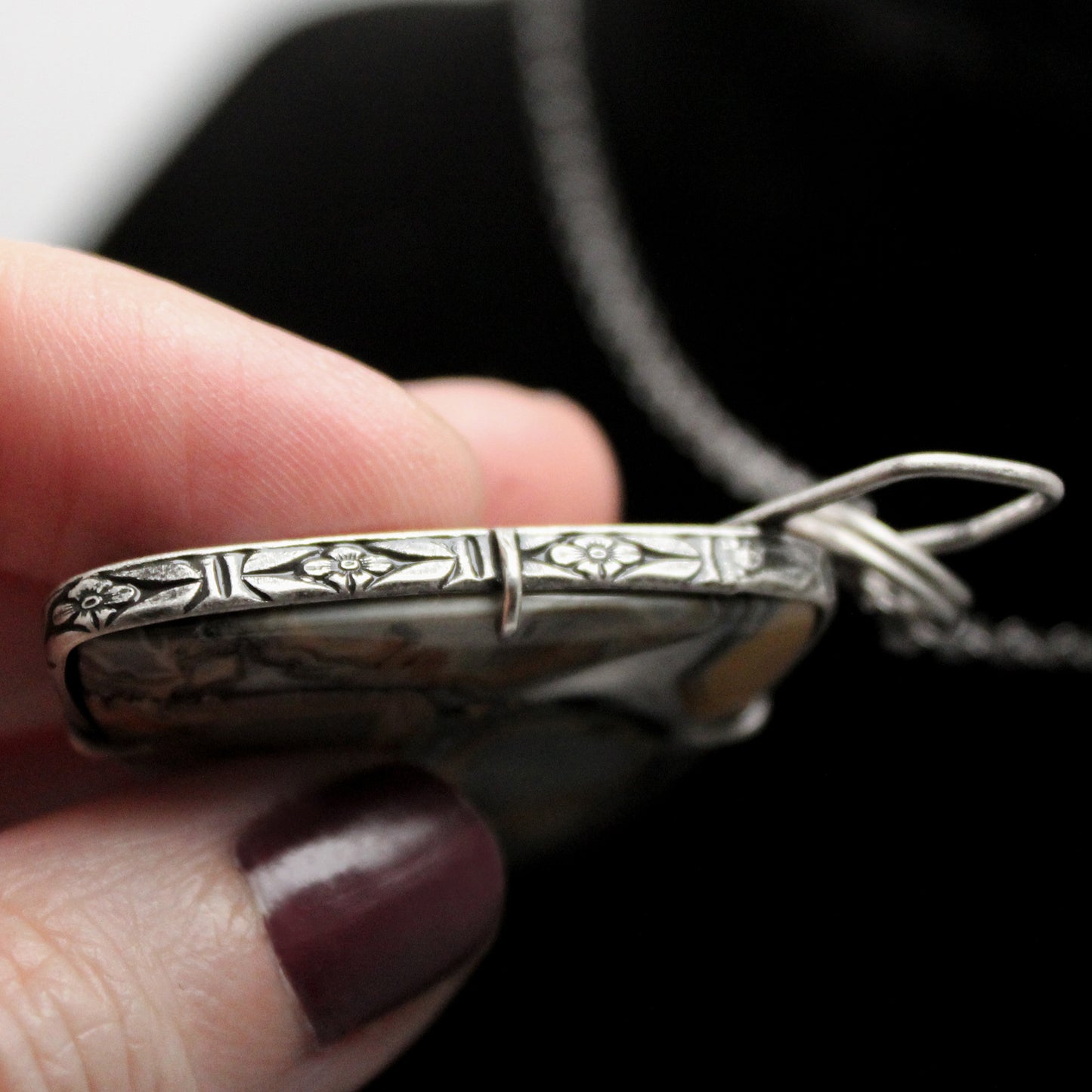 Maligano Jasper Triangle Sterling Silver Designer Cut Pronged Pendant with Patina