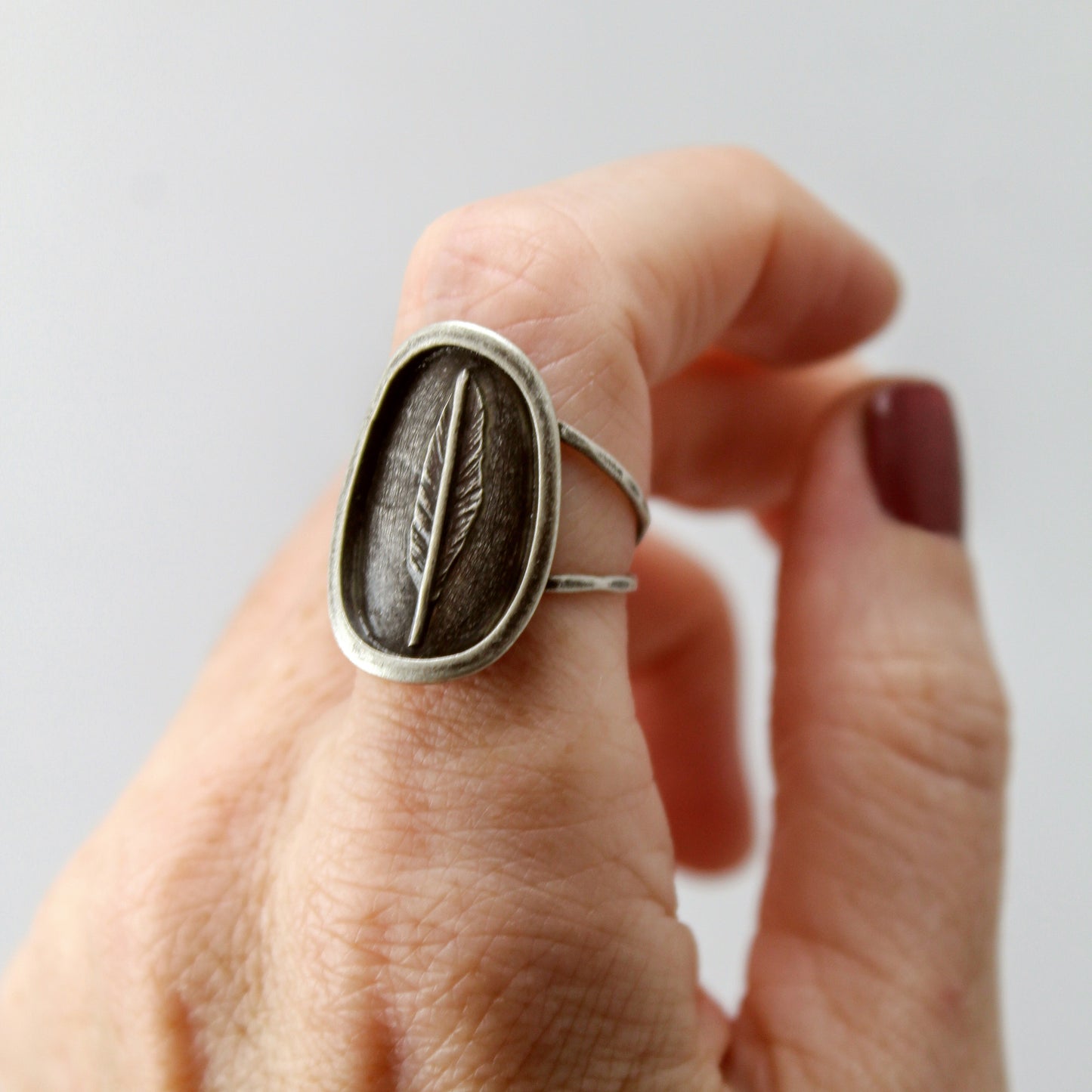 Feather Shadowbox Sterling Silver Ring with Patina – Size 6.5