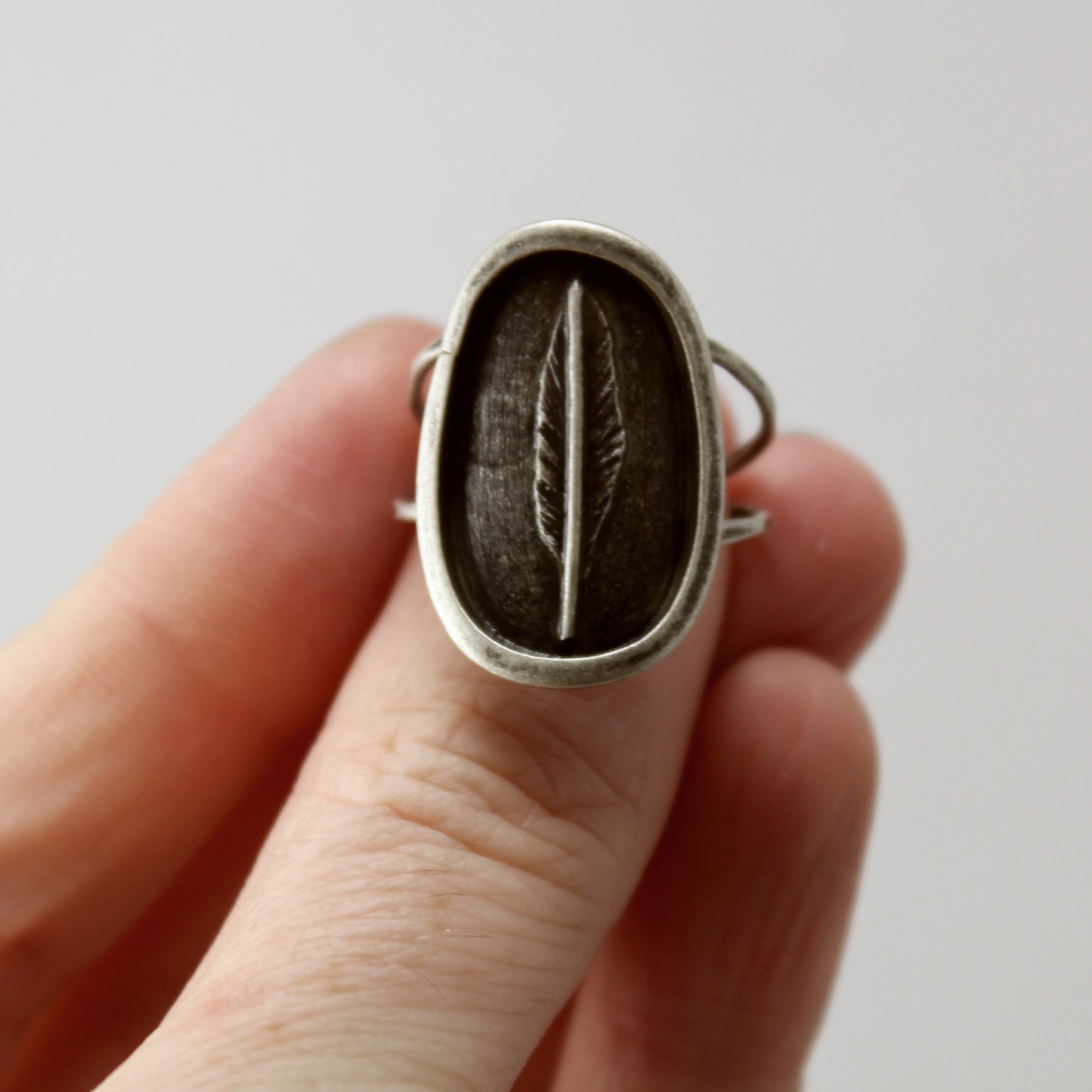 Feather Shadowbox Sterling Silver Ring with Patina – Size 6.5