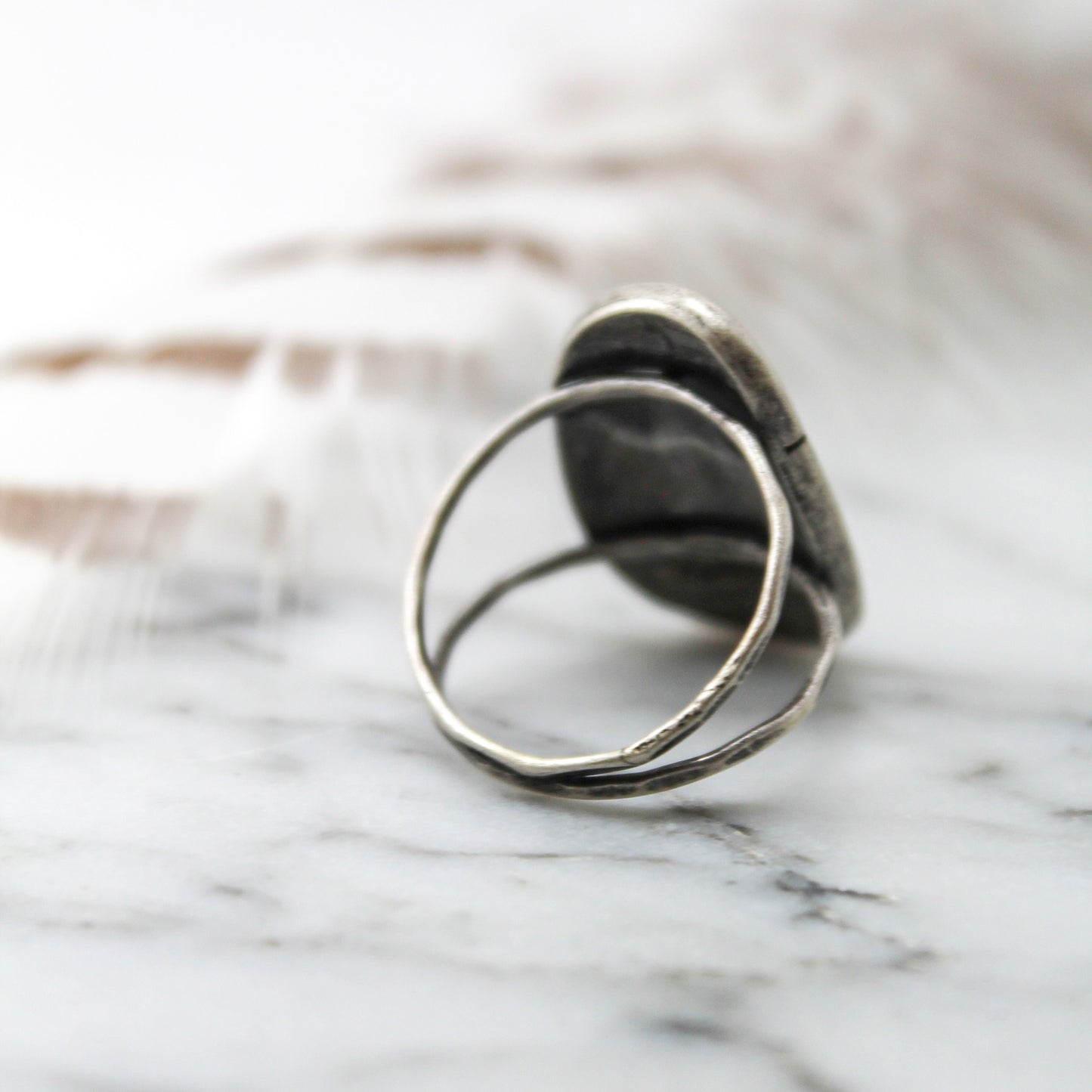 Feather Shadowbox Sterling Silver Ring with Patina – Size 6.5