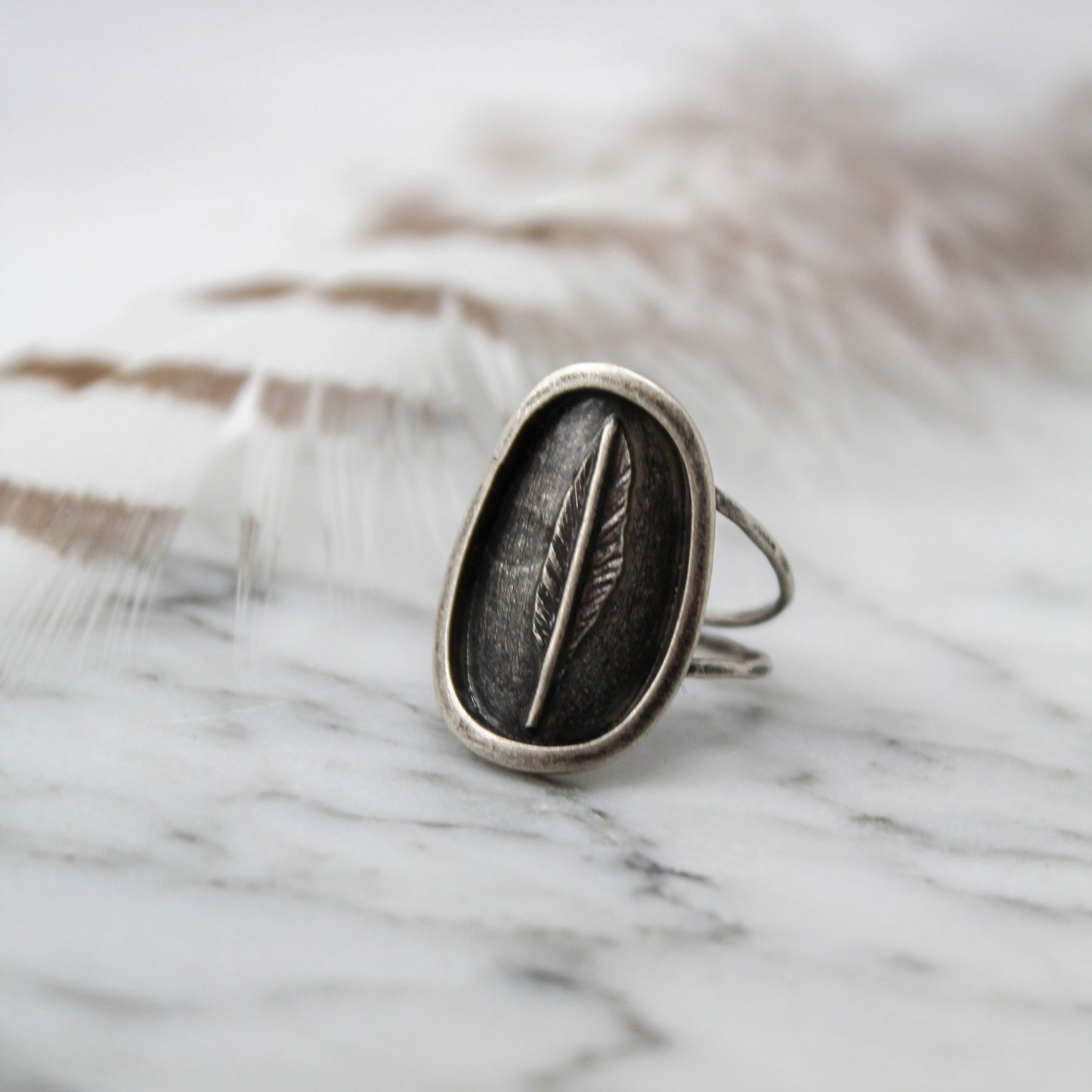 Feather Shadowbox Sterling Silver Ring with Patina – Size 6.5