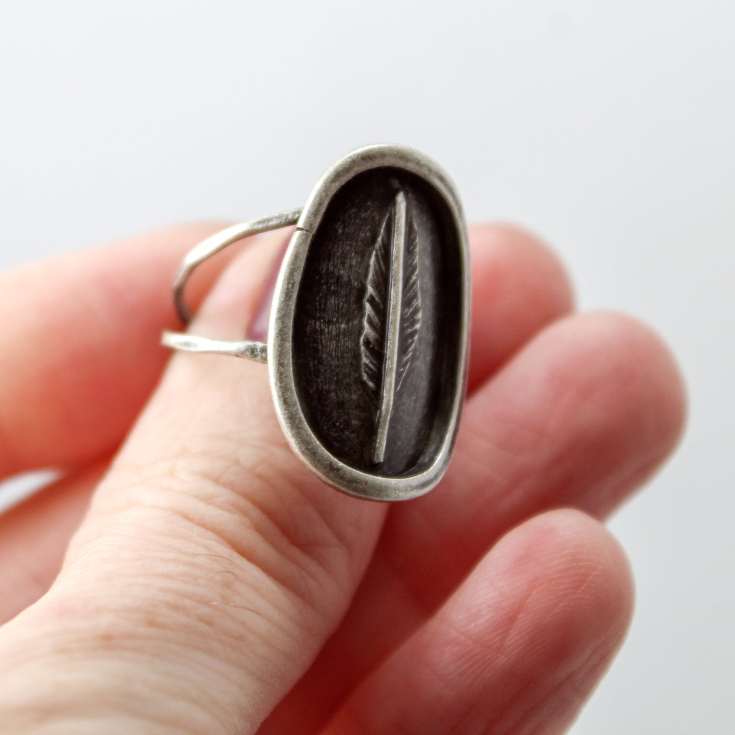Feather Shadowbox Sterling Silver Ring with Patina – Size 6.5