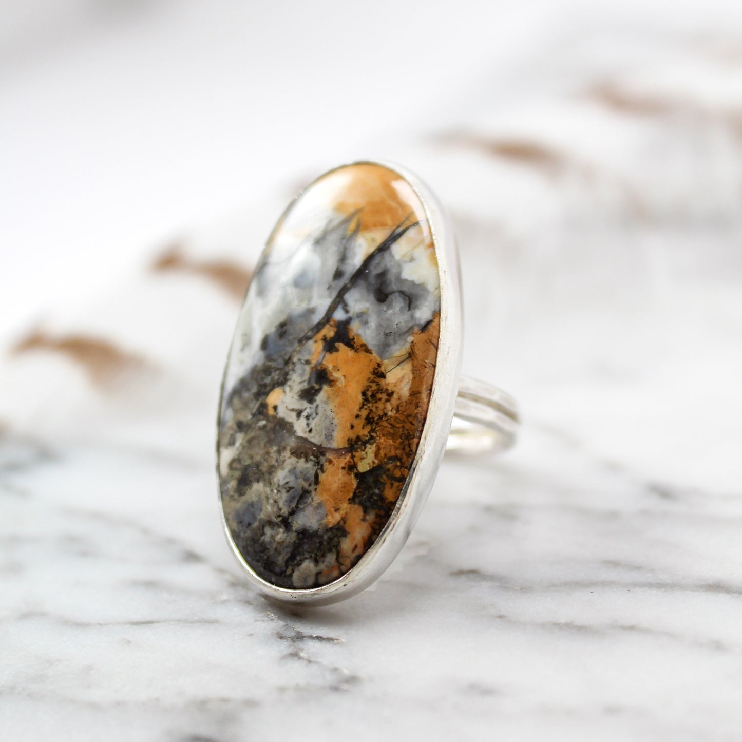 Maligano Jasper Oval Statement Ring, Grey, Yellow & White – Size 6.5