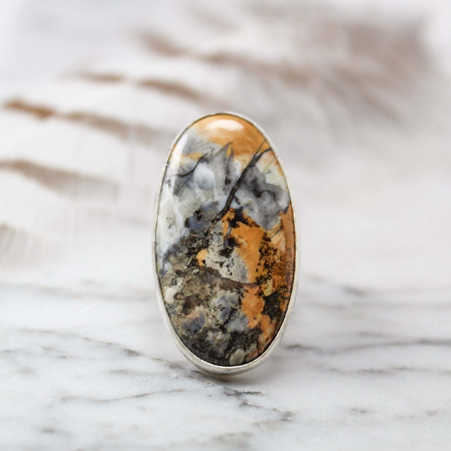 Maligano Jasper Oval Statement Ring, Grey, Yellow & White – Size 6.5