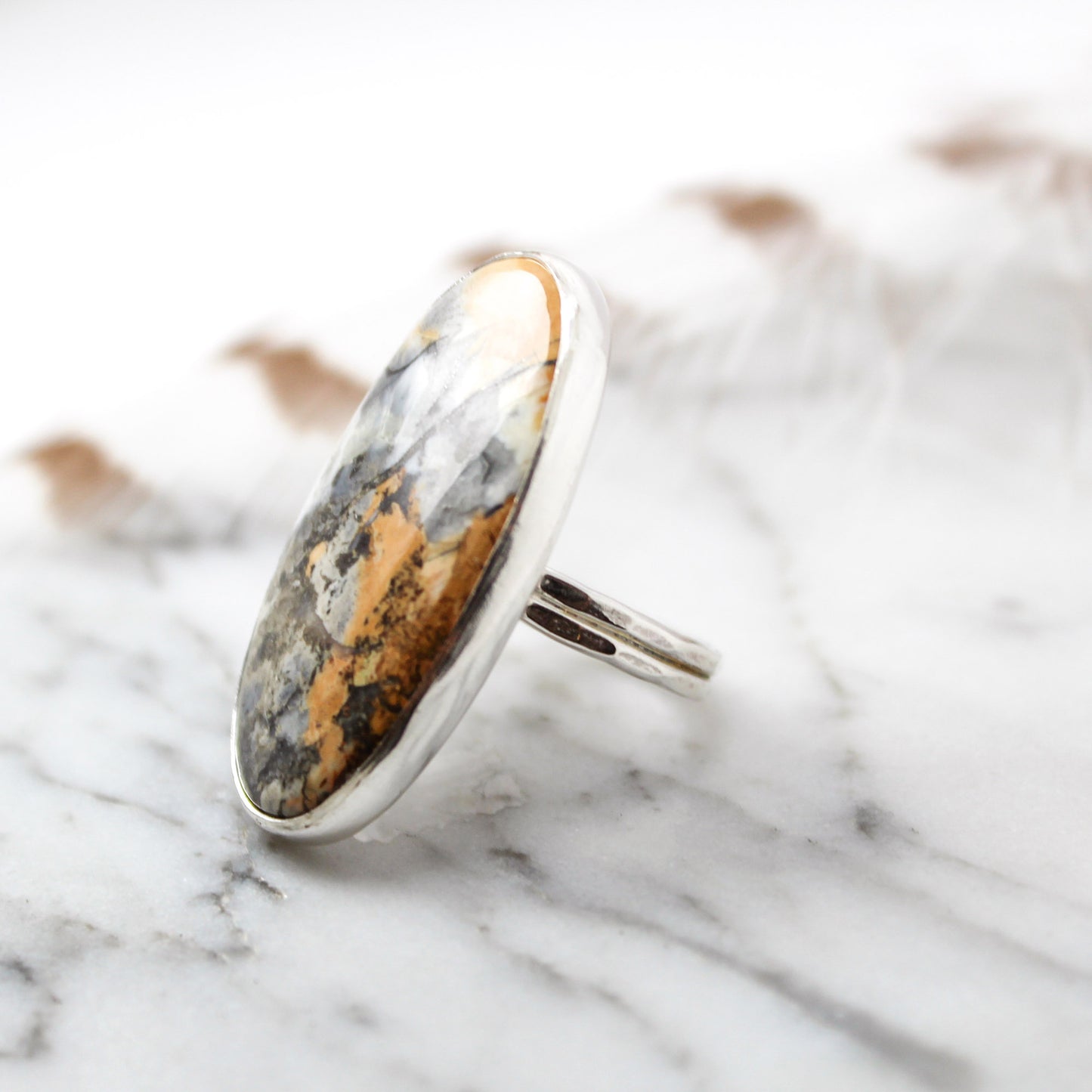 Maligano Jasper Oval Statement Ring, Grey, Yellow & White – Size 6.5