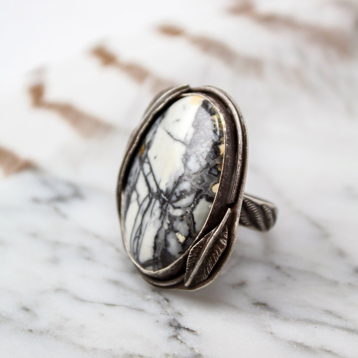 Maligano Jasper Oval Decorative Statement Ring with Patina– Size 8.5