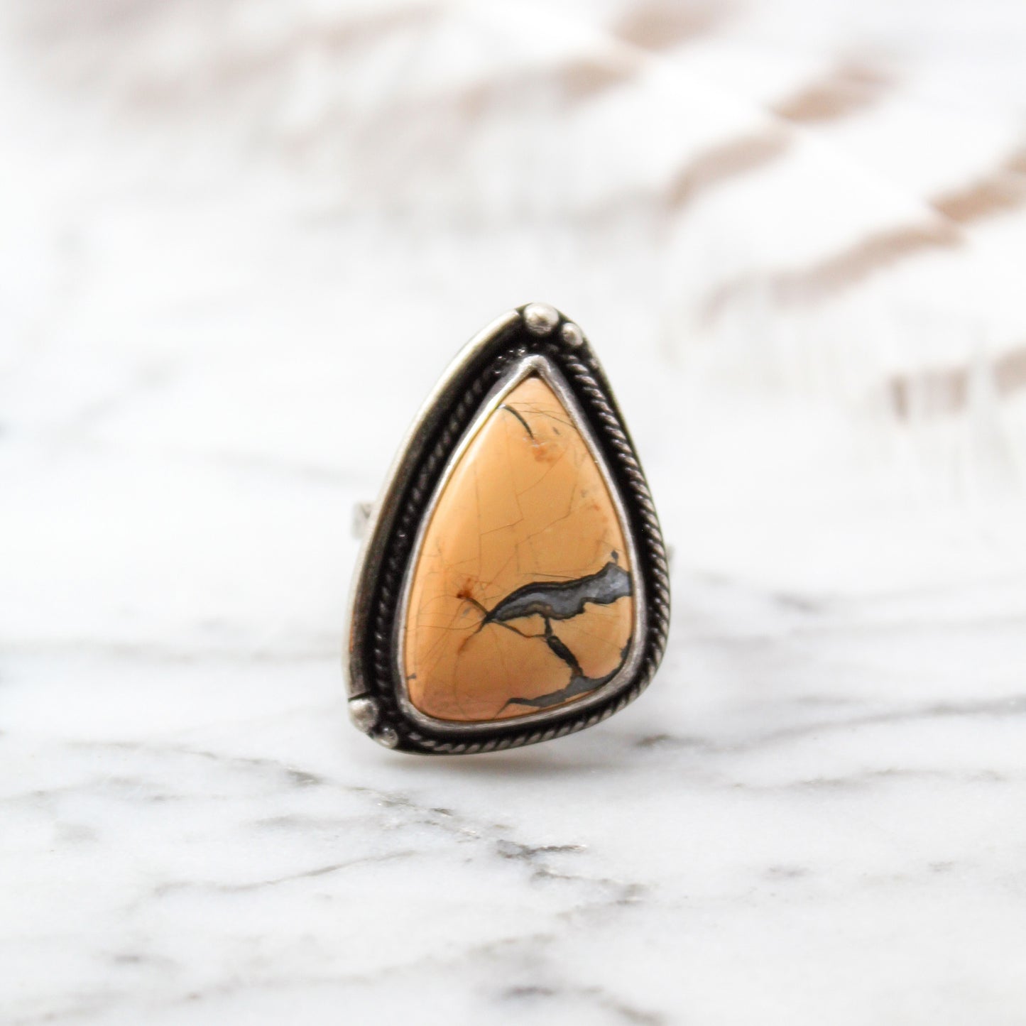 Maligano Jasper Triangle Fancy Bordered Ring with Patina– Size 7