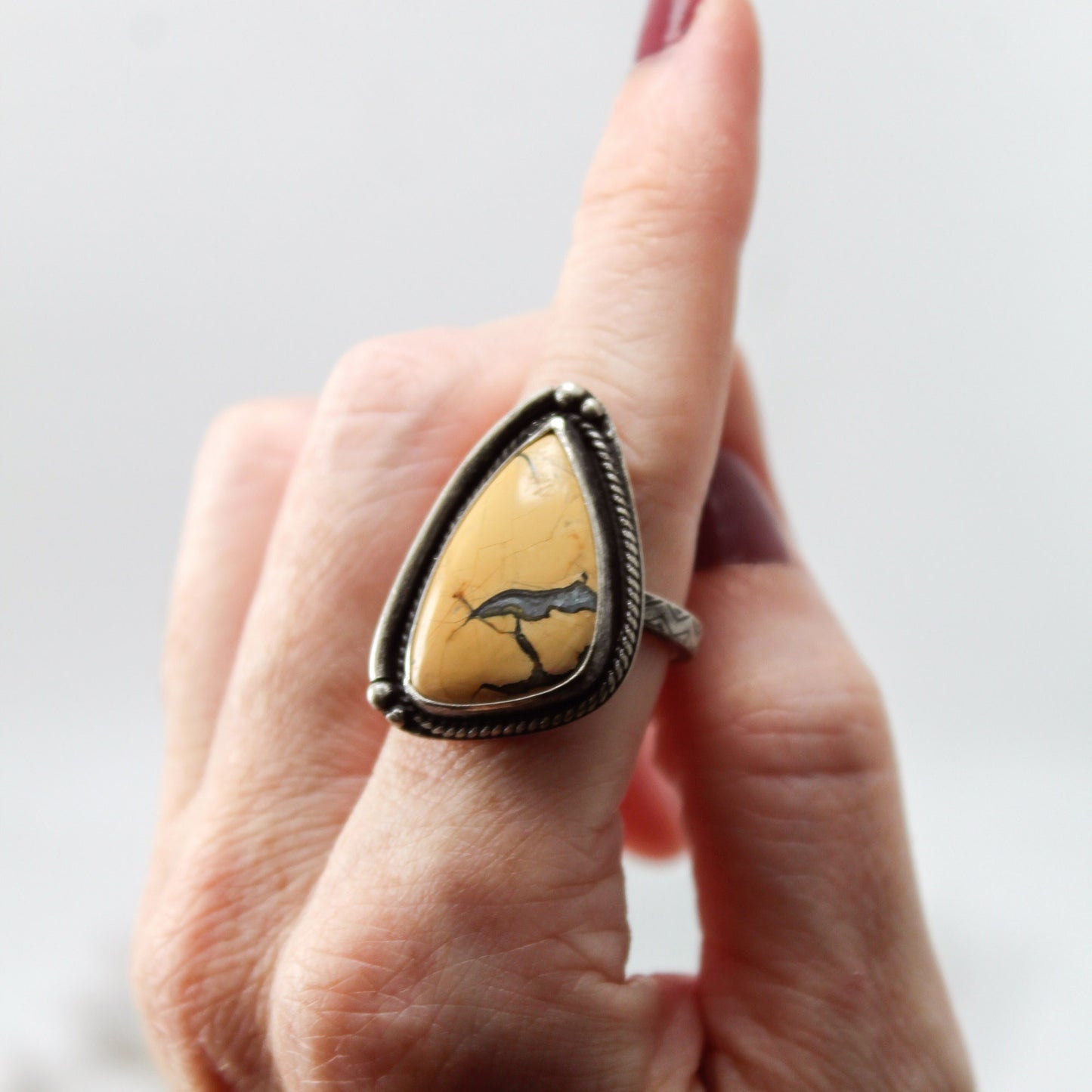 Maligano Jasper Triangle Fancy Bordered Ring with Patina– Size 7