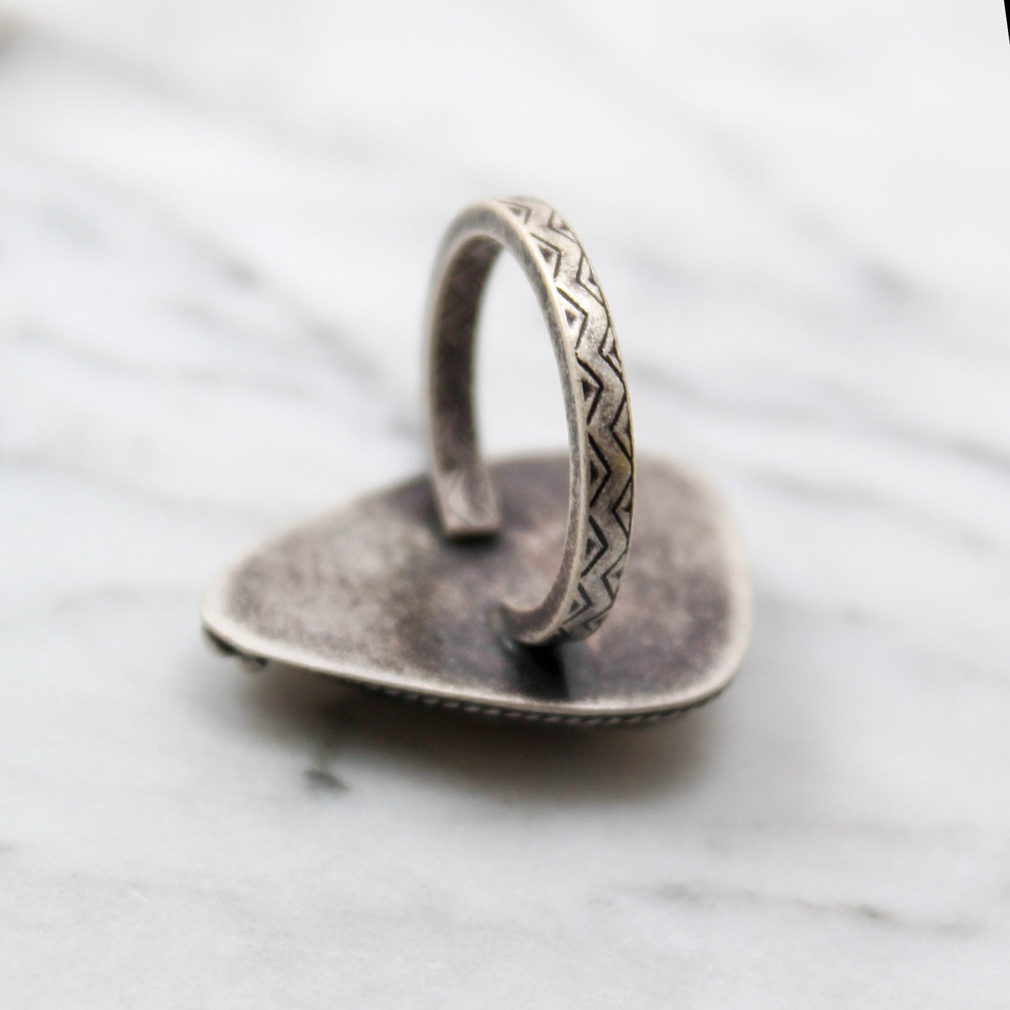 Maligano Jasper Triangle Fancy Bordered Ring with Patina– Size 7