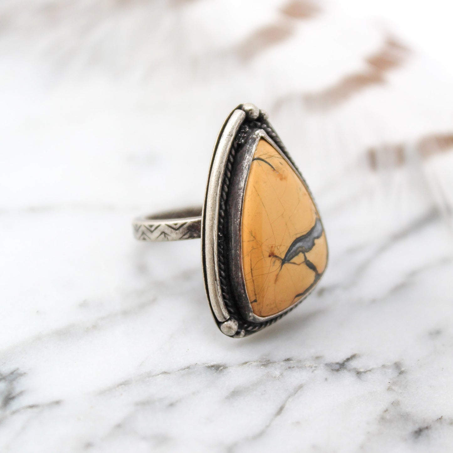 Maligano Jasper Triangle Fancy Bordered Ring with Patina– Size 7