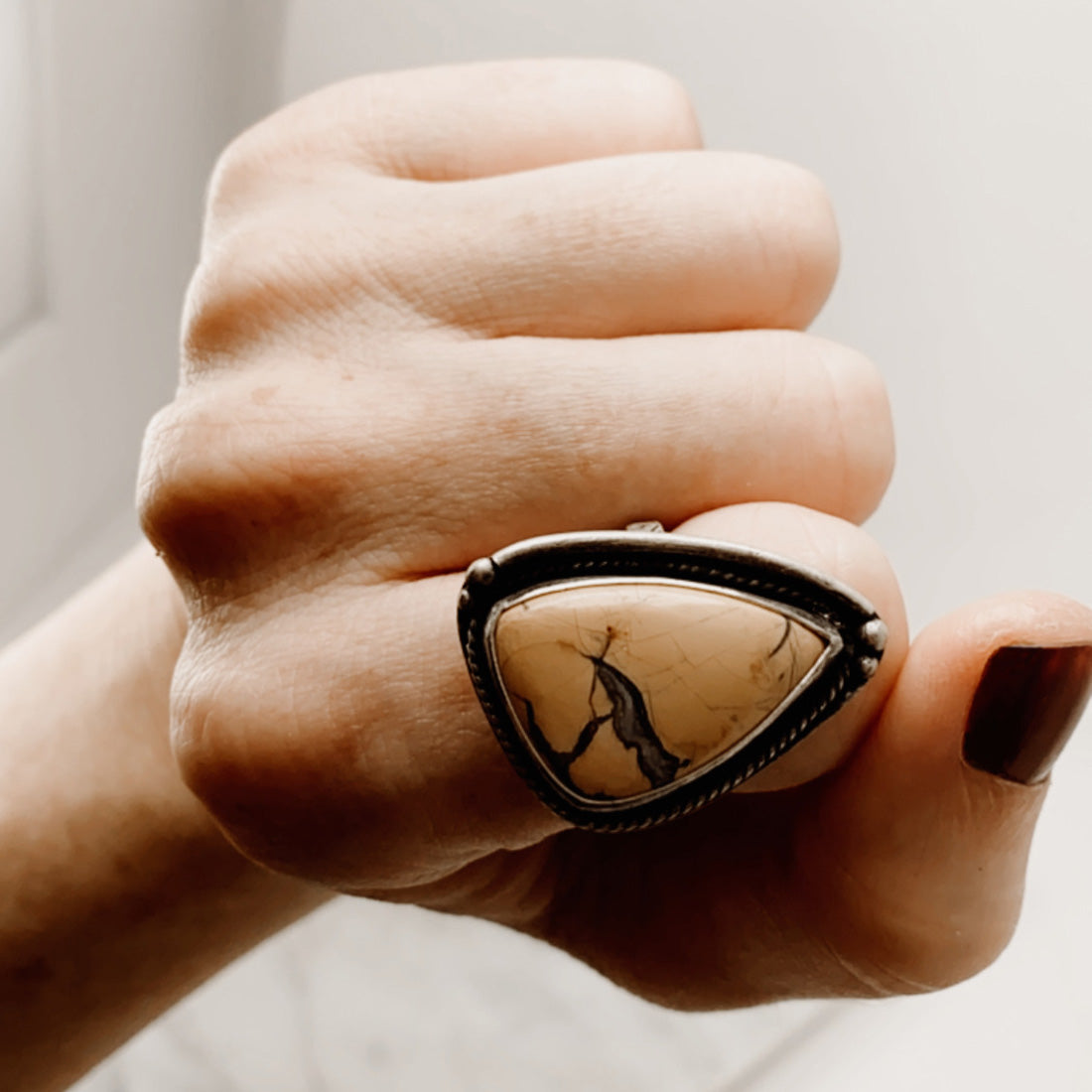 Maligano Jasper Triangle Fancy Bordered Ring with Patina– Size 7