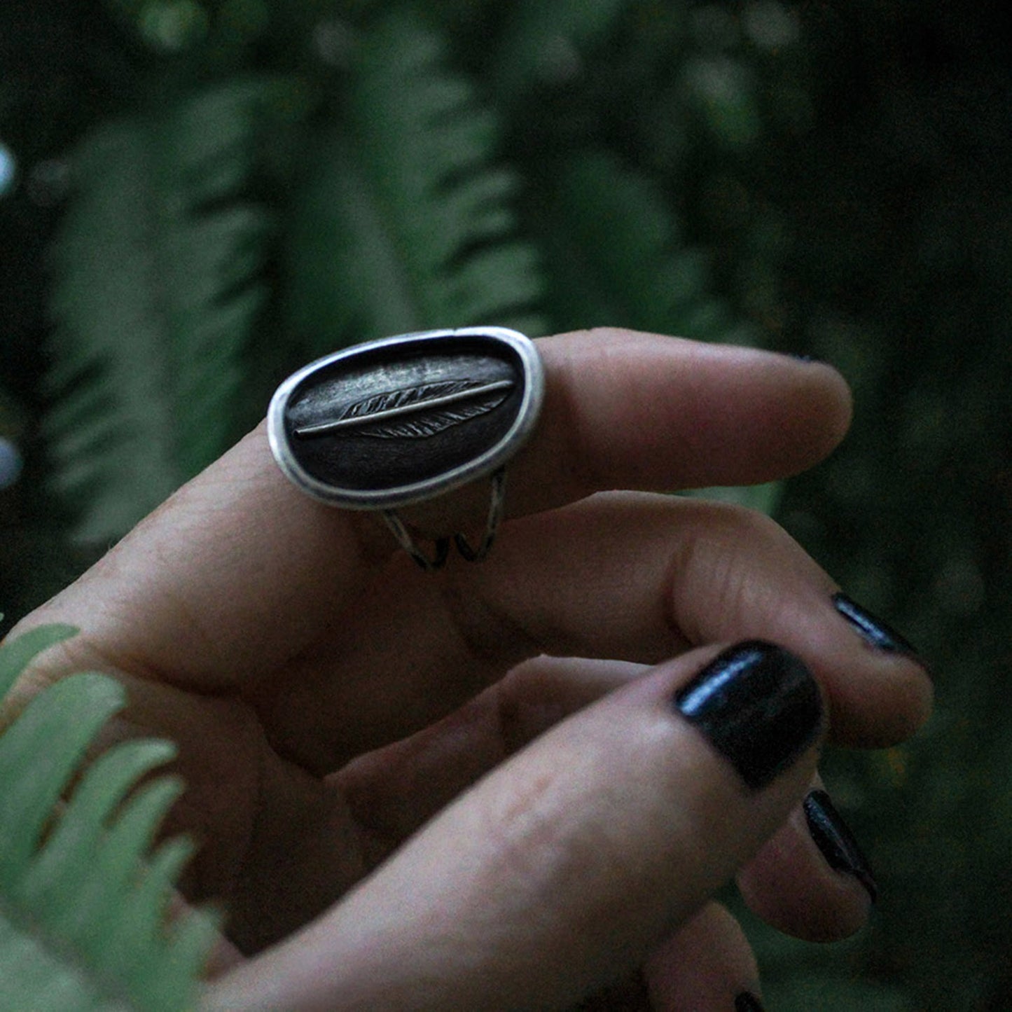 Feather Shadowbox Sterling Silver Ring with Patina – Size 6.5
