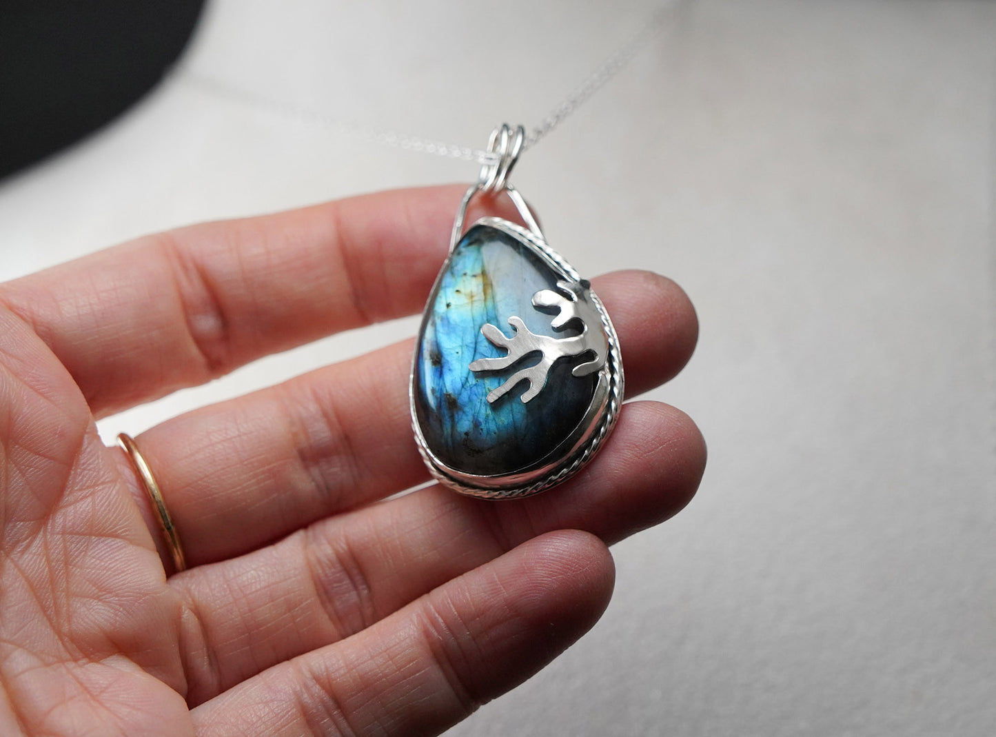 
                  
                    Teardrop Labradorite Decorative Coral Inspired Sterling Silver Pendant - Bright Teal
                  
                