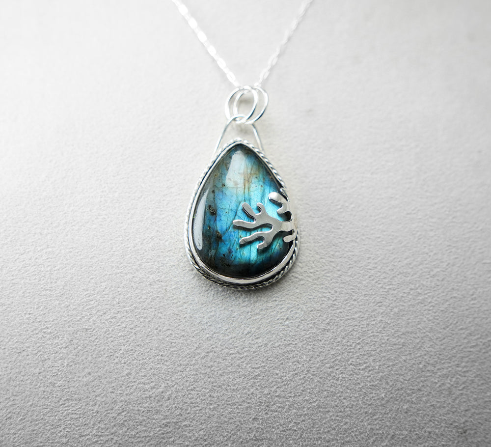 Teardrop Labradorite Decorative Coral Inspired Sterling Silver Pendant - Bright Teal