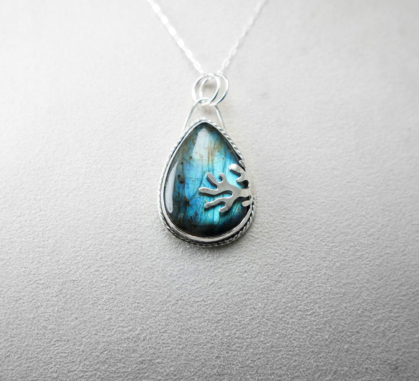 Teardrop Labradorite Decorative Coral Inspired Sterling Silver Pendant - Bright Teal