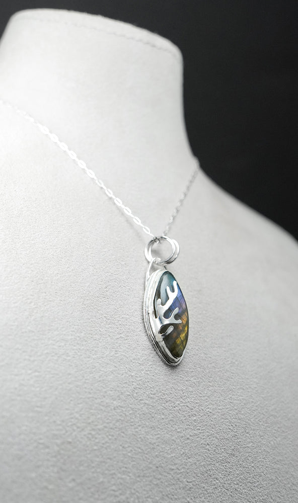 Navette Labradorite Decorative Coral Inspired Sterling Silver Pendant - lt. rainbow cutout back