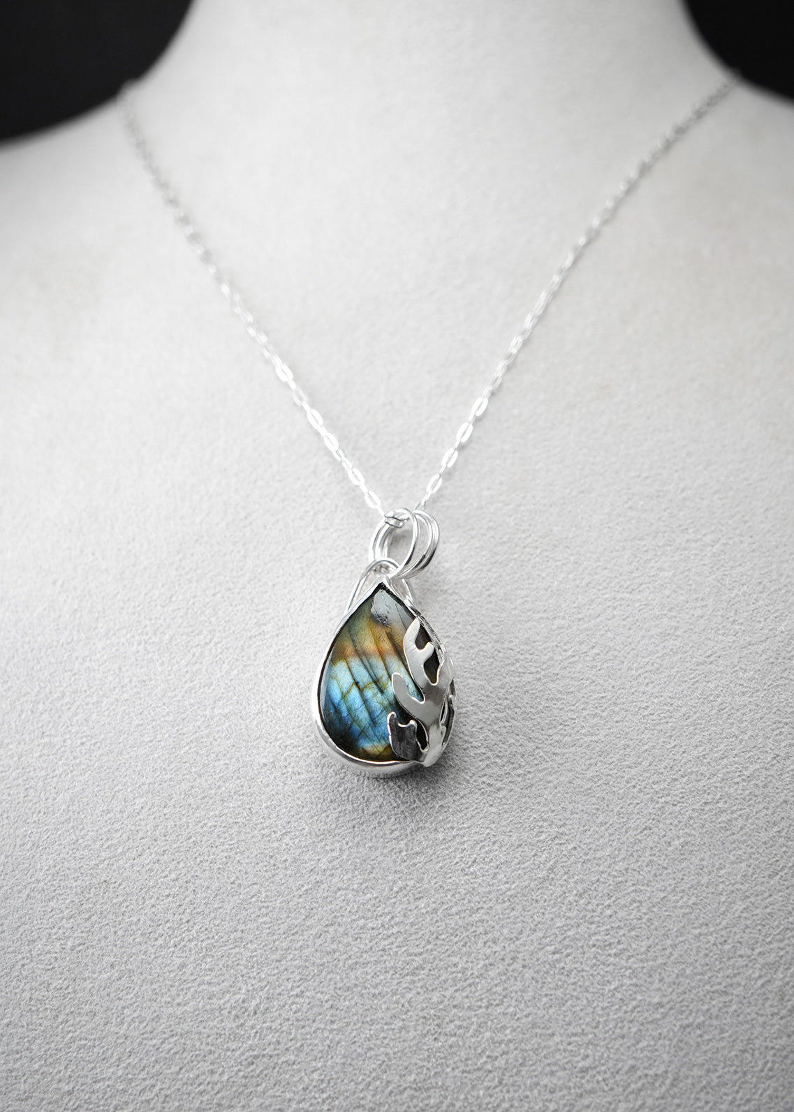 
                  
                    Teardrop Labradorite Decorative Coral Inspired Sterling Silver Pendant - Teal Yellow cutout back
                  
                