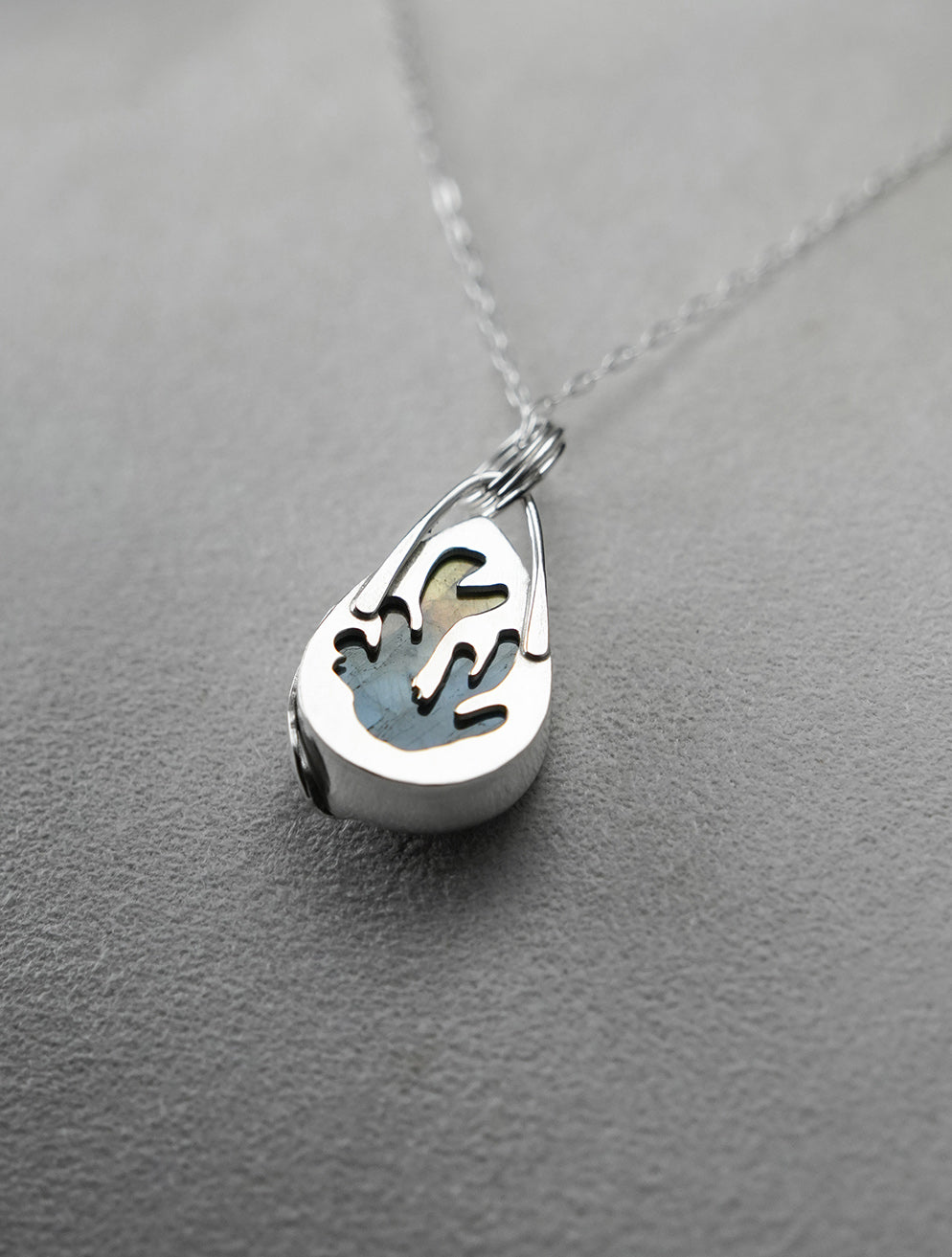 
                  
                    Teardrop Labradorite Decorative Coral Inspired Sterling Silver Pendant - Teal Yellow cutout back
                  
                