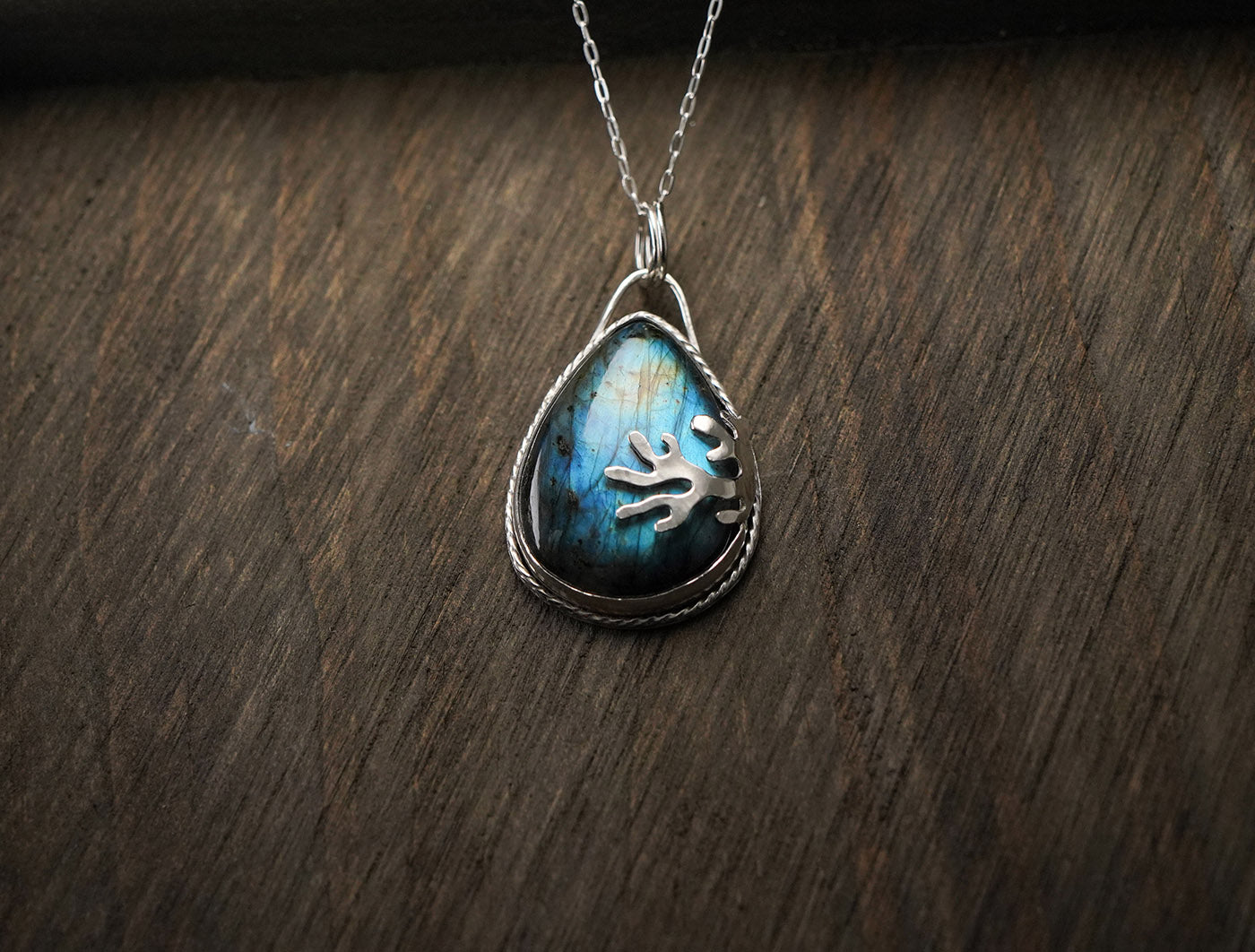 
                  
                    Teardrop Labradorite Decorative Coral Inspired Sterling Silver Pendant - Bright Teal
                  
                