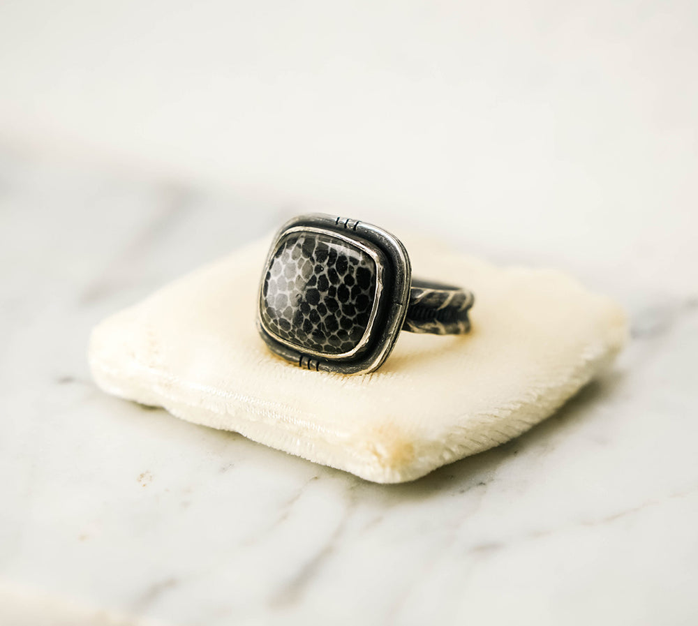 Fossilized Coral Square Sterling Silver Patina Ring - Size 7.5
