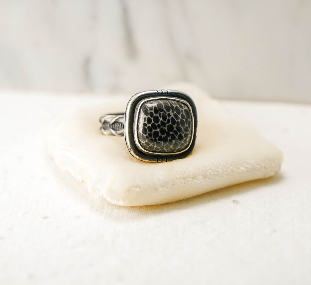
                  
                    Fossilized Coral Square Sterling Silver Patina Ring - Size 7.5
                  
                