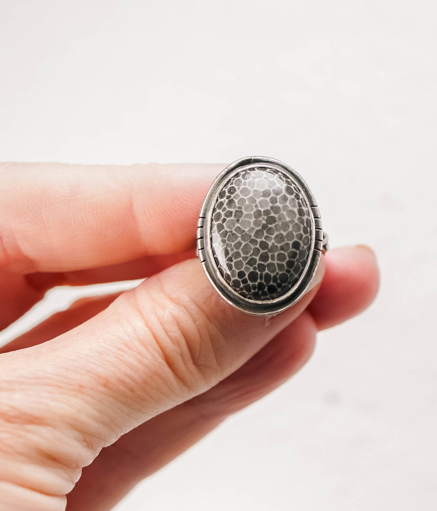 
                  
                    Fossilized Coral Oval Sterling Silver Patina Ring - Size 7
                  
                