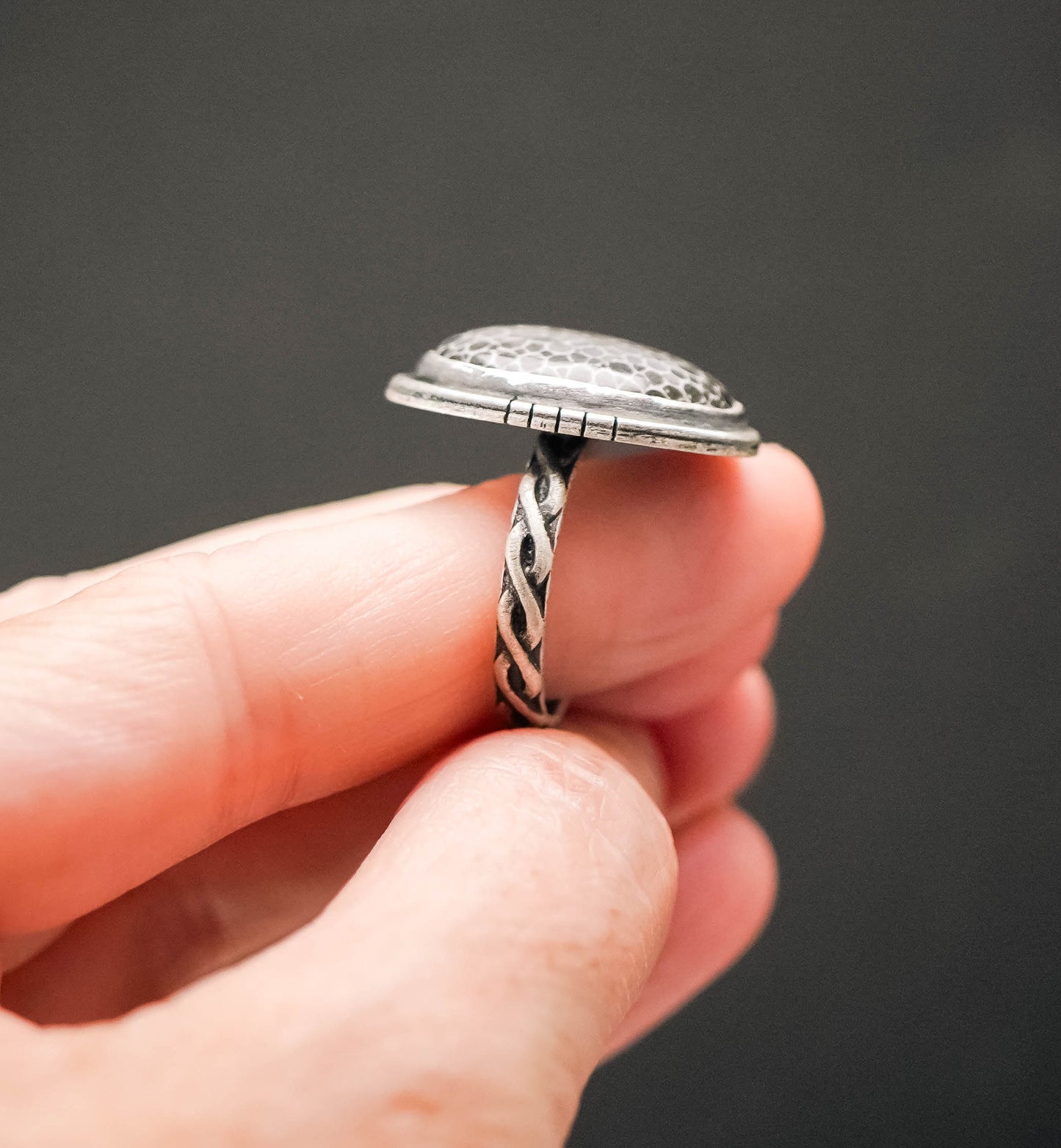 
                  
                    Fossilized Coral Oval Sterling Silver Patina Ring - Size 7
                  
                