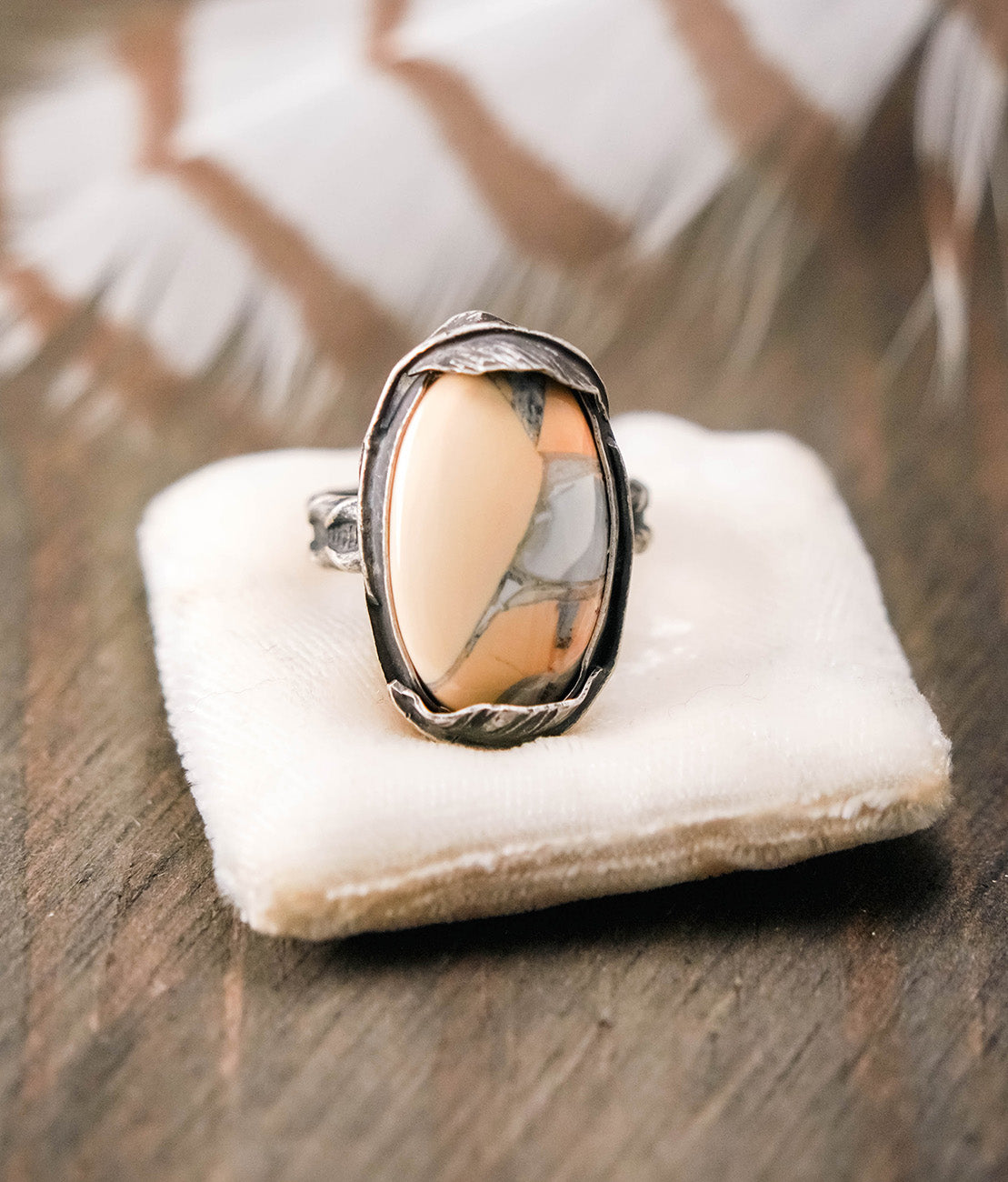 
                  
                    Maligano Jasper Oval Feather Ring with Patina– Size 7.5
                  
                