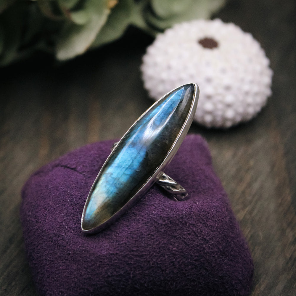 Navette Dark Blue Labradorite Sterling Silver Ring – Size 7