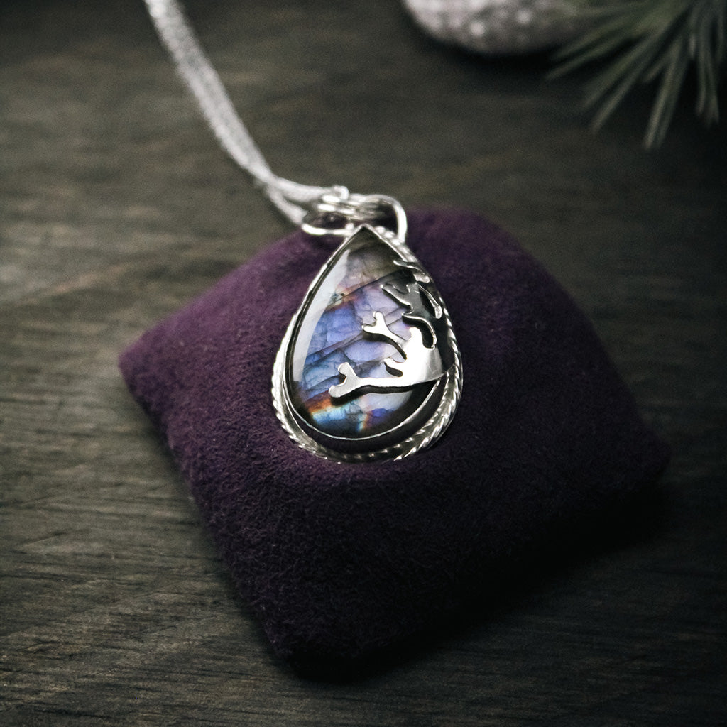 Teardrop Fire Labradorite Decorative Coral Inspired Sterling Silver Pendant - Violet