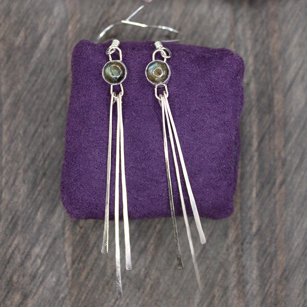 Tiny Circle Labradorite Hammered Sterling Silver Blade Thin Fringe Earring Pair