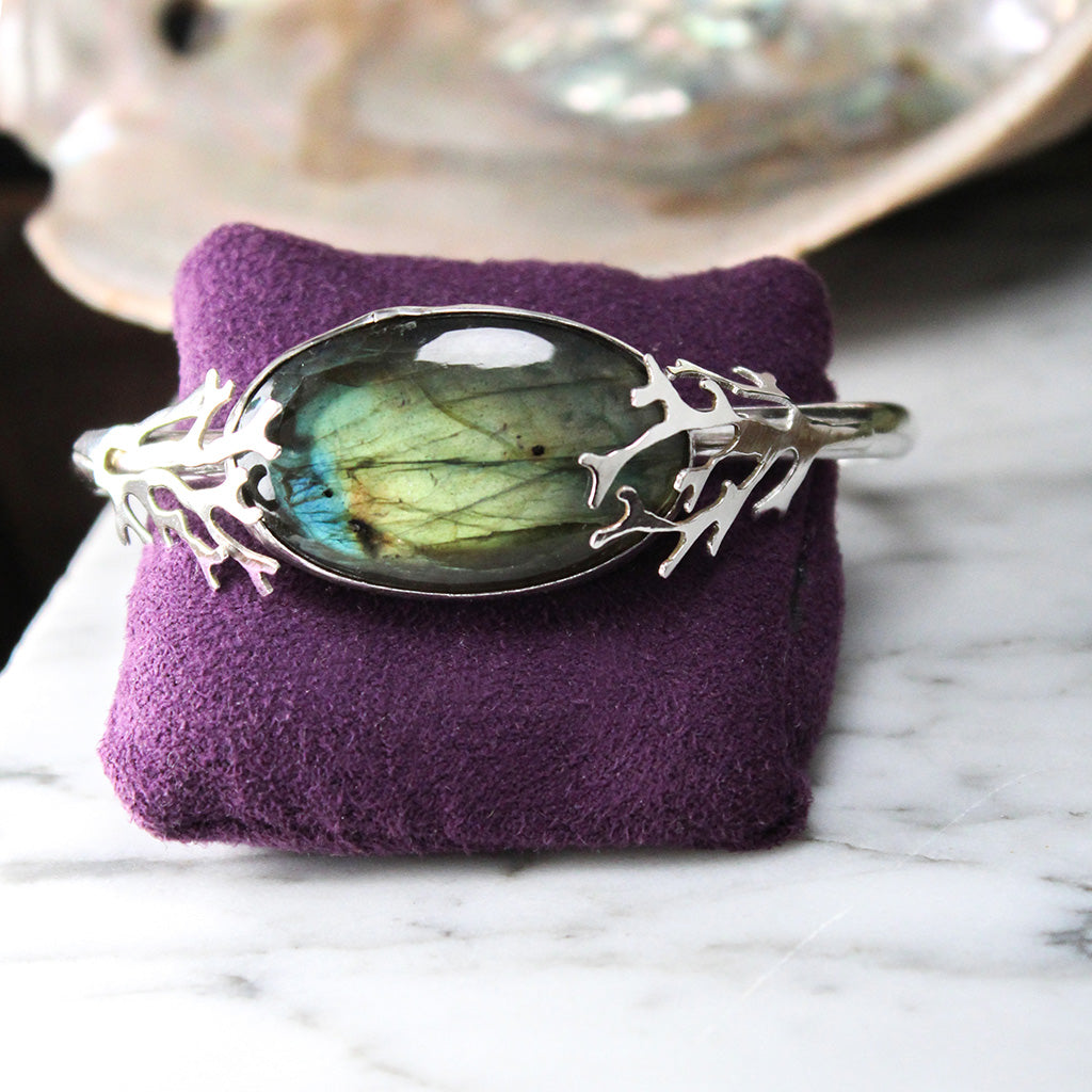 Labradorite Sterling Silver Statement Cuff with Decorative Coral Inspired Elements