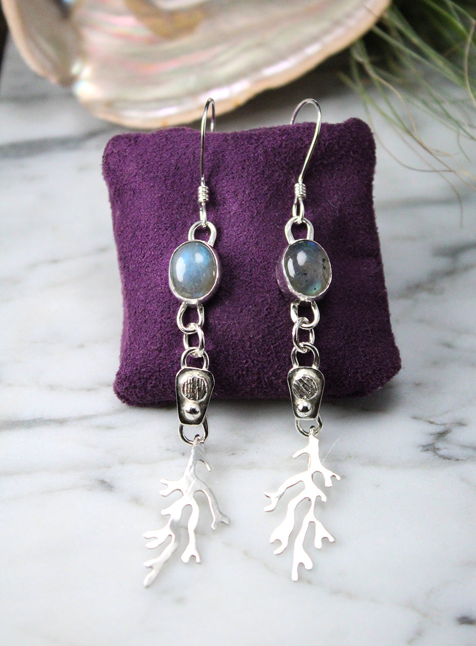 
                  
                    Oval Labradorite Sterling Silver Long Dangle Coral Fringe Earring Pair
                  
                