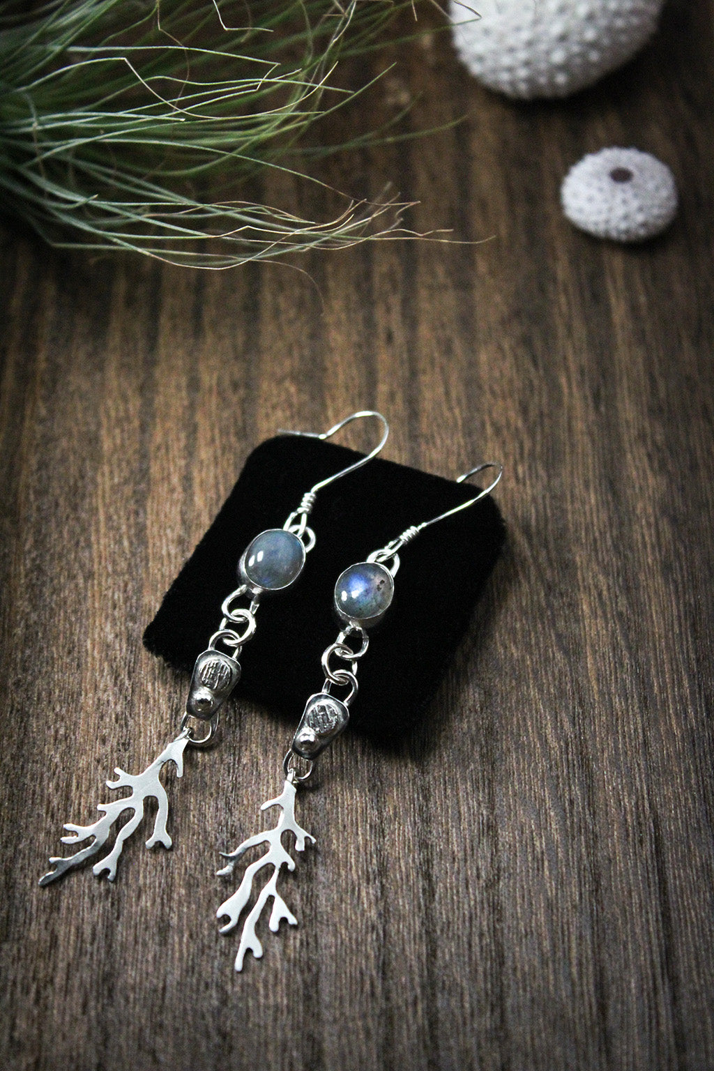 
                  
                    Oval Labradorite Sterling Silver Long Dangle Coral Fringe Earring Pair
                  
                