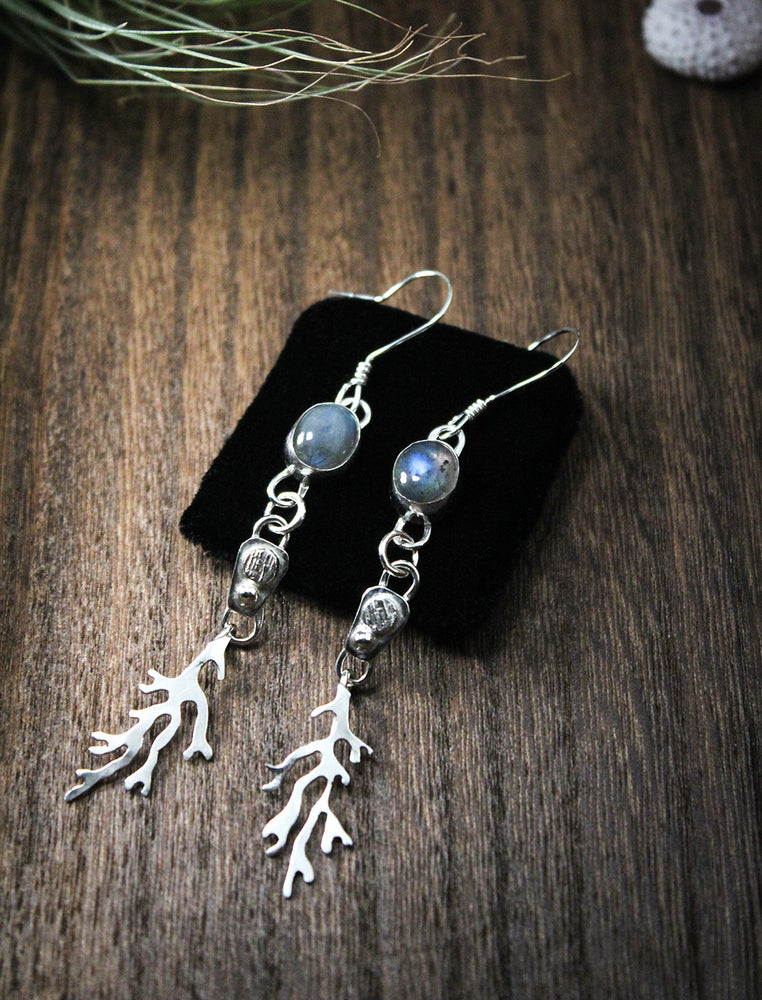 Oval Labradorite Sterling Silver Long Dangle Coral Fringe Earring Pair