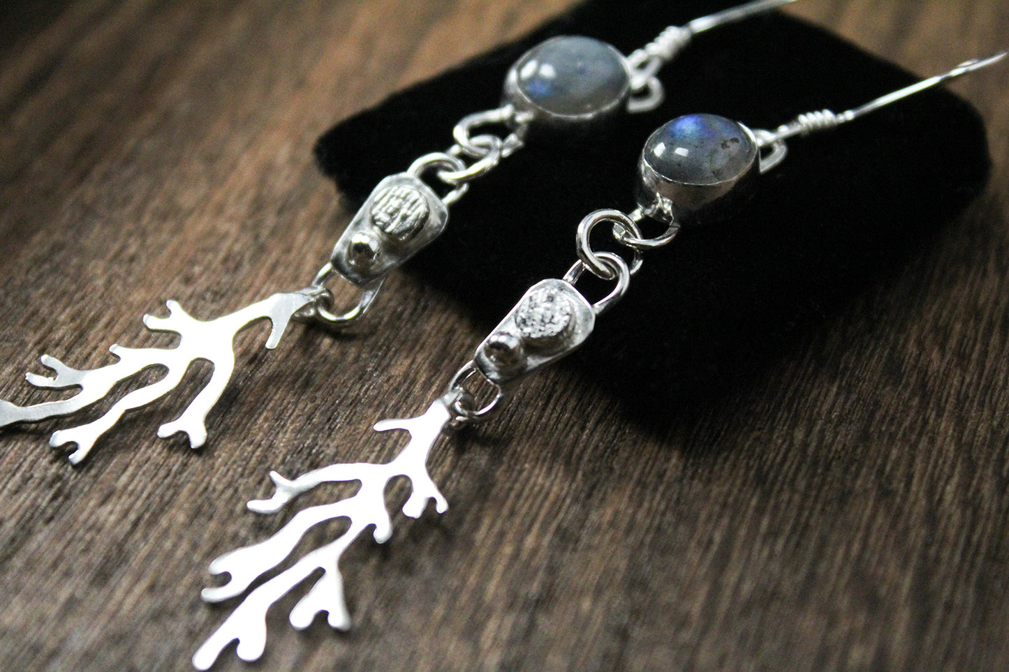 
                  
                    Oval Labradorite Sterling Silver Long Dangle Coral Fringe Earring Pair
                  
                