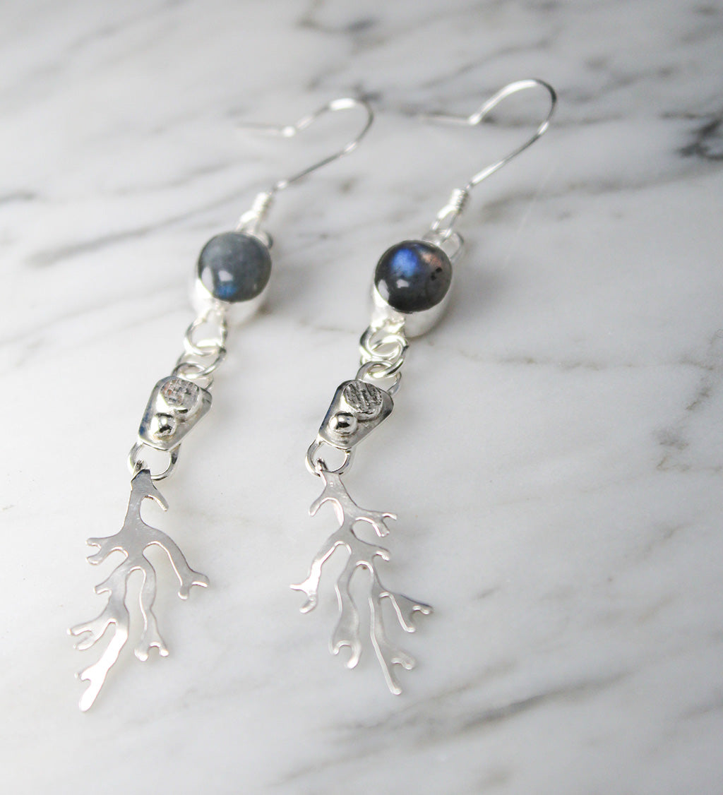 
                  
                    Oval Labradorite Sterling Silver Long Dangle Coral Fringe Earring Pair
                  
                