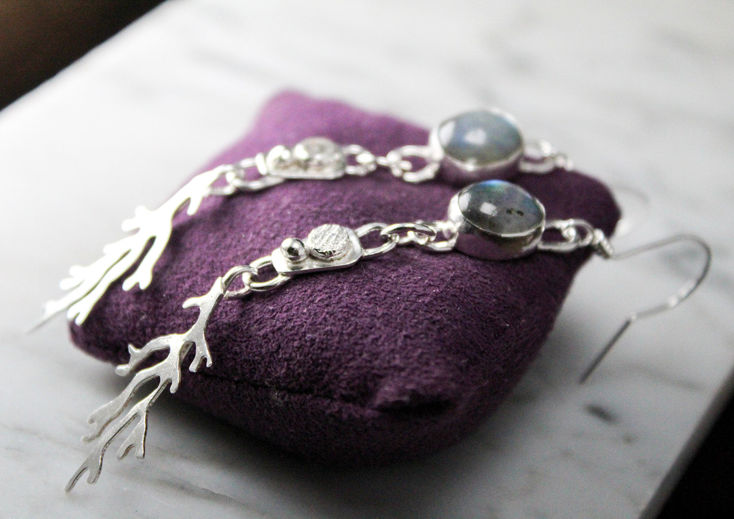 
                  
                    Oval Labradorite Sterling Silver Long Dangle Coral Fringe Earring Pair
                  
                