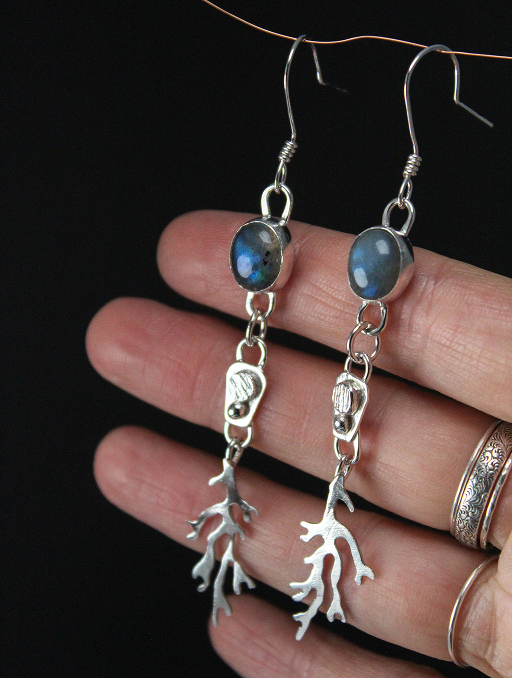 
                  
                    Oval Labradorite Sterling Silver Long Dangle Coral Fringe Earring Pair
                  
                