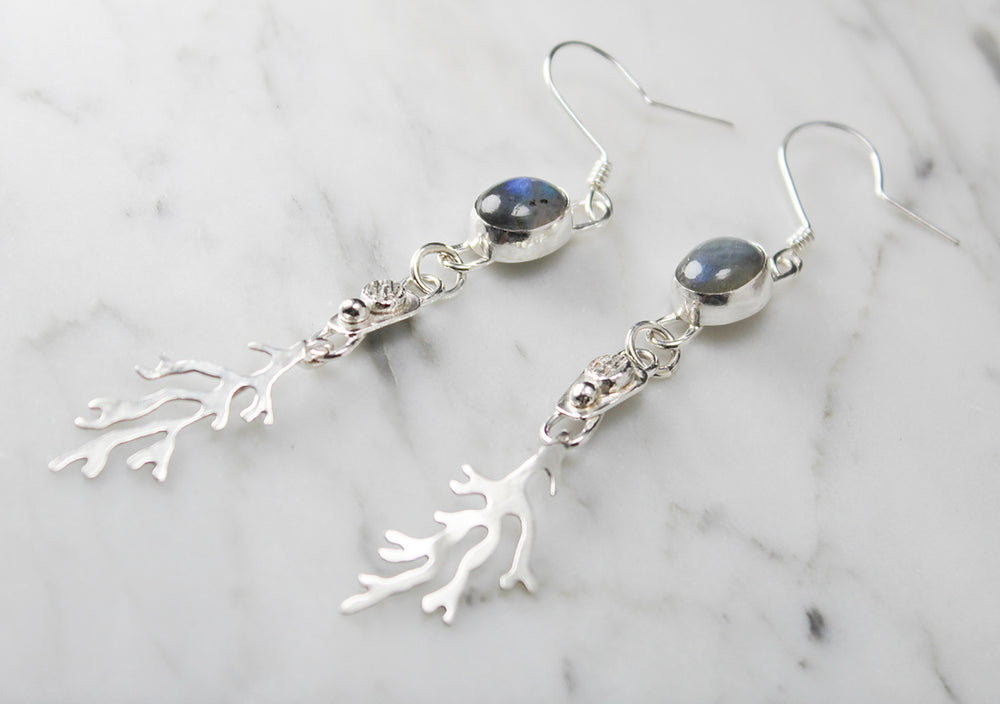 
                  
                    Oval Labradorite Sterling Silver Long Dangle Coral Fringe Earring Pair
                  
                
