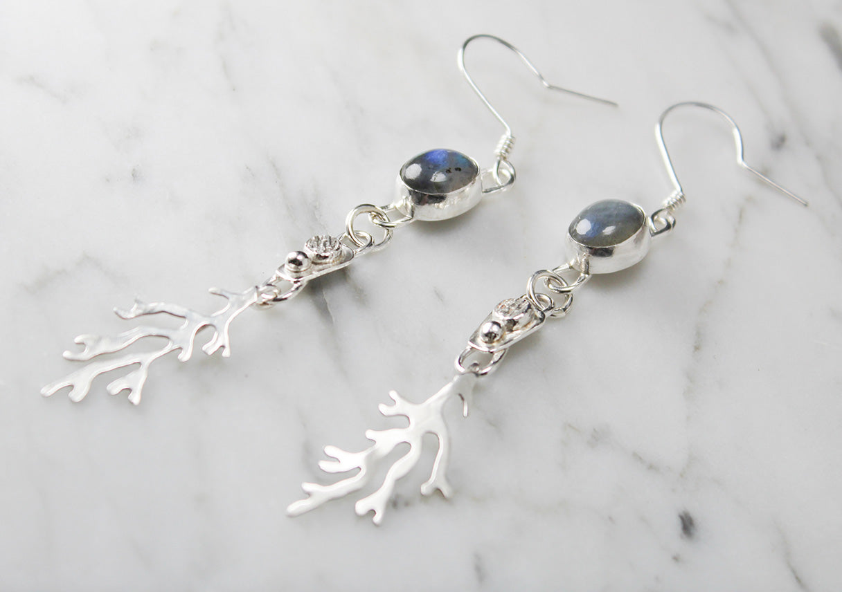 
                  
                    Oval Labradorite Sterling Silver Long Dangle Coral Fringe Earring Pair
                  
                