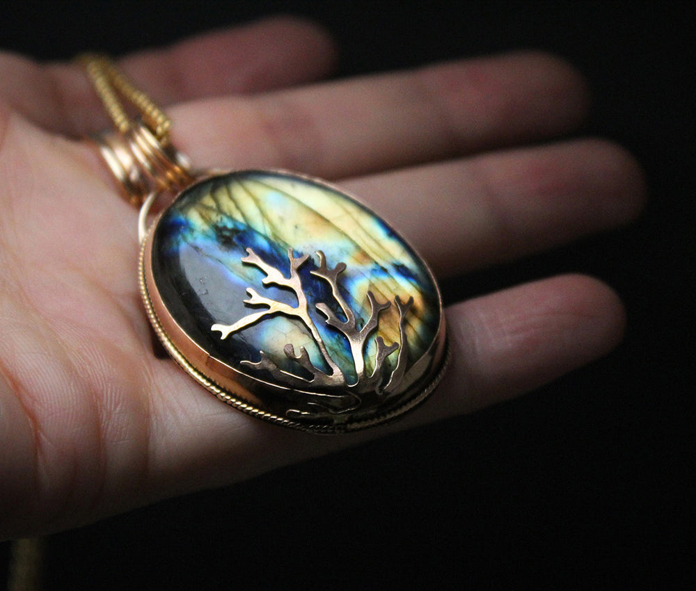 Oval Blue Rainbow Labradorite Decorative Coral Inspired Pendant in 14K Gold Fill