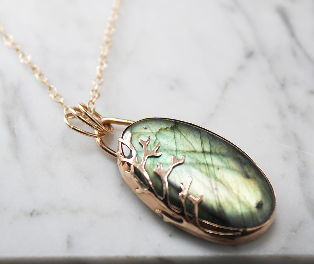 
                  
                    Oval Green Labradorite Decorative Coral Inspired Pendant in 14K Gold Fill
                  
                
