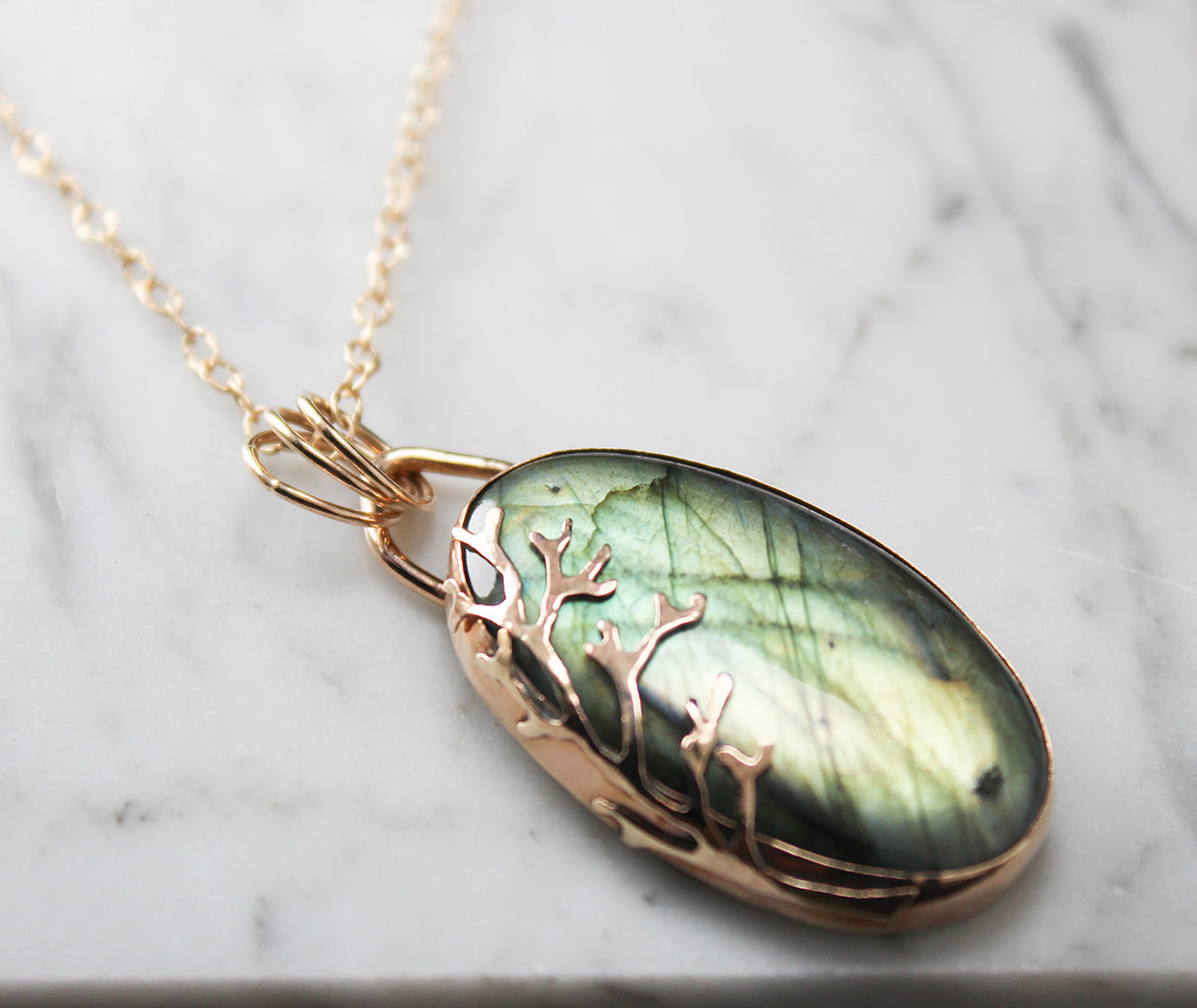 
                  
                    Oval Green Labradorite Decorative Coral Inspired Pendant in 14K Gold Fill
                  
                